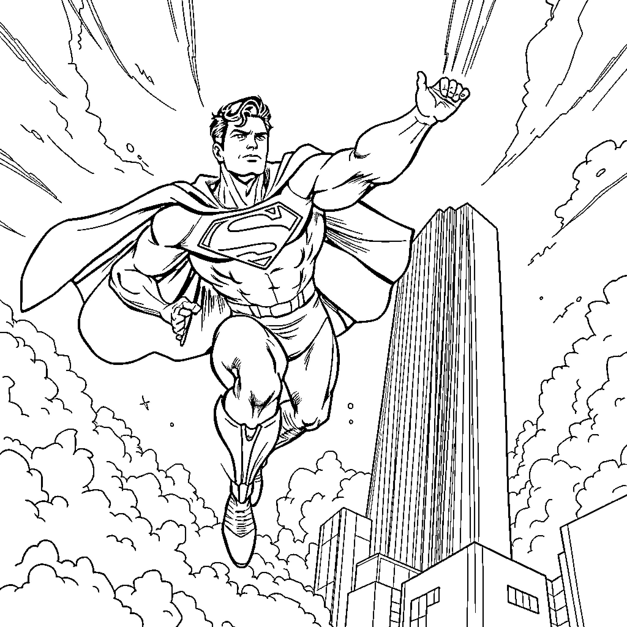 Superman soaring heroically through the sky Coloring Page (free black-and-white line drawing printable PDF for all, from beginners to advanced learners, including children, teens, adults, and seniors)