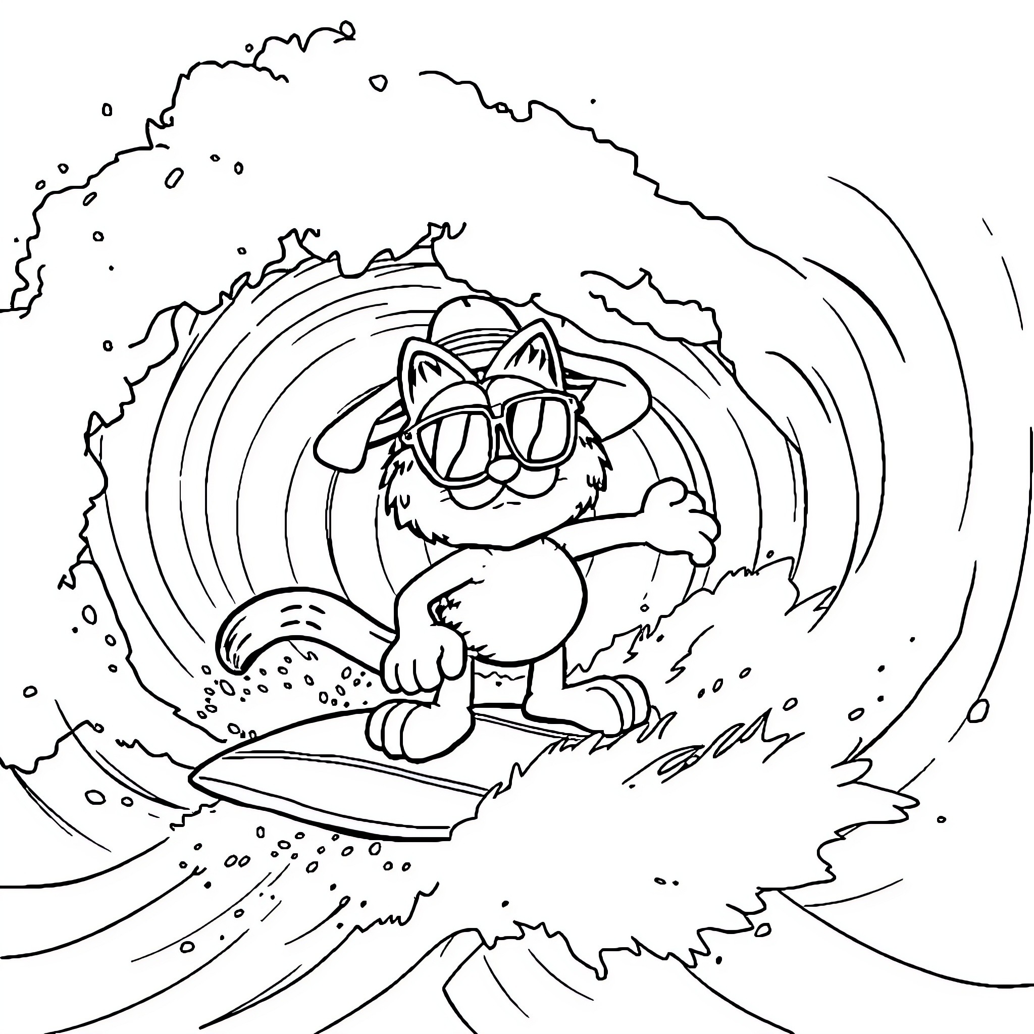 Garfield Surfing in Stormy Waves Coloring Page (free black-and-white line drawing printable PDF for all, from beginners to advanced learners, including children, teens, adults, and seniors)