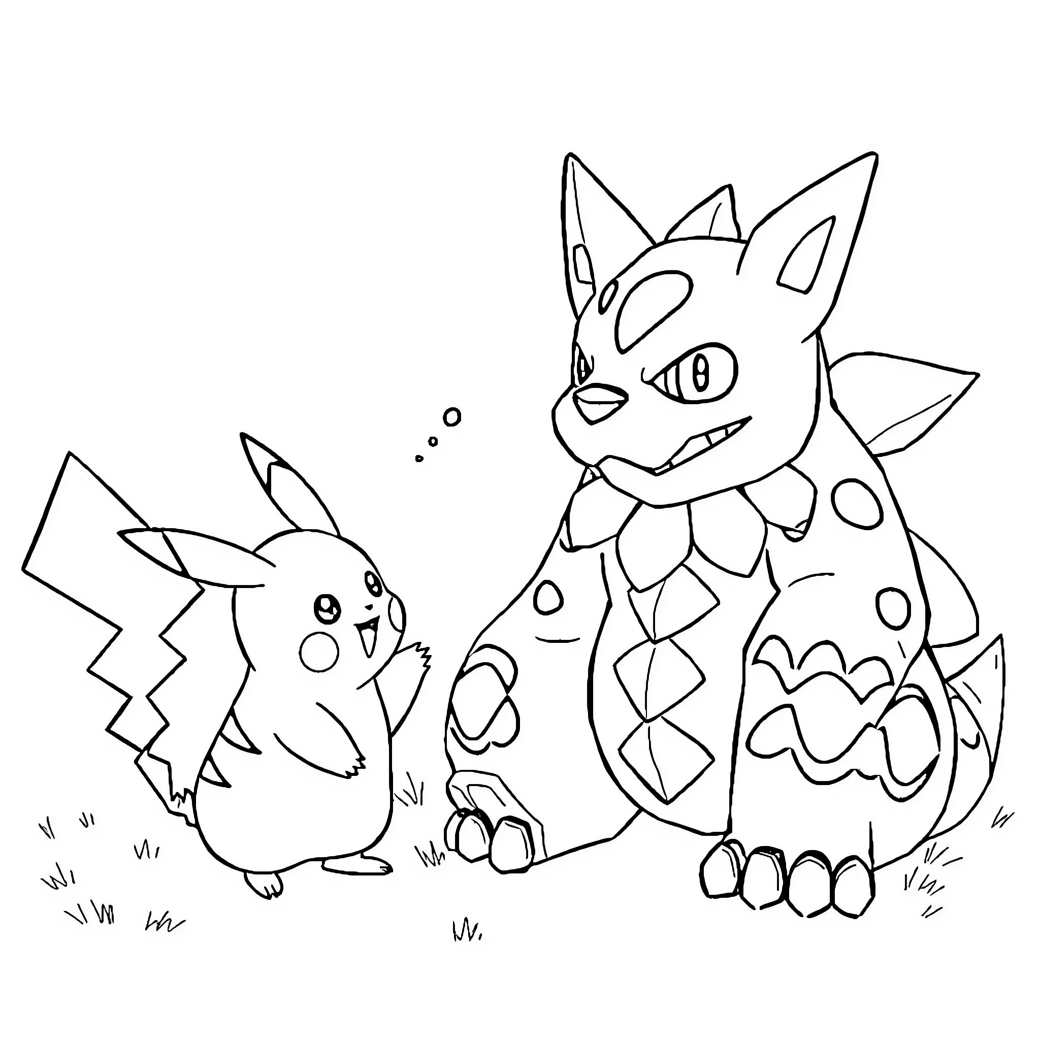 Chat about cute Pokemon characters Coloring Page (free black-and-white line drawing printable PDF for all, from beginners to advanced learners, including children, teens, adults, and seniors)