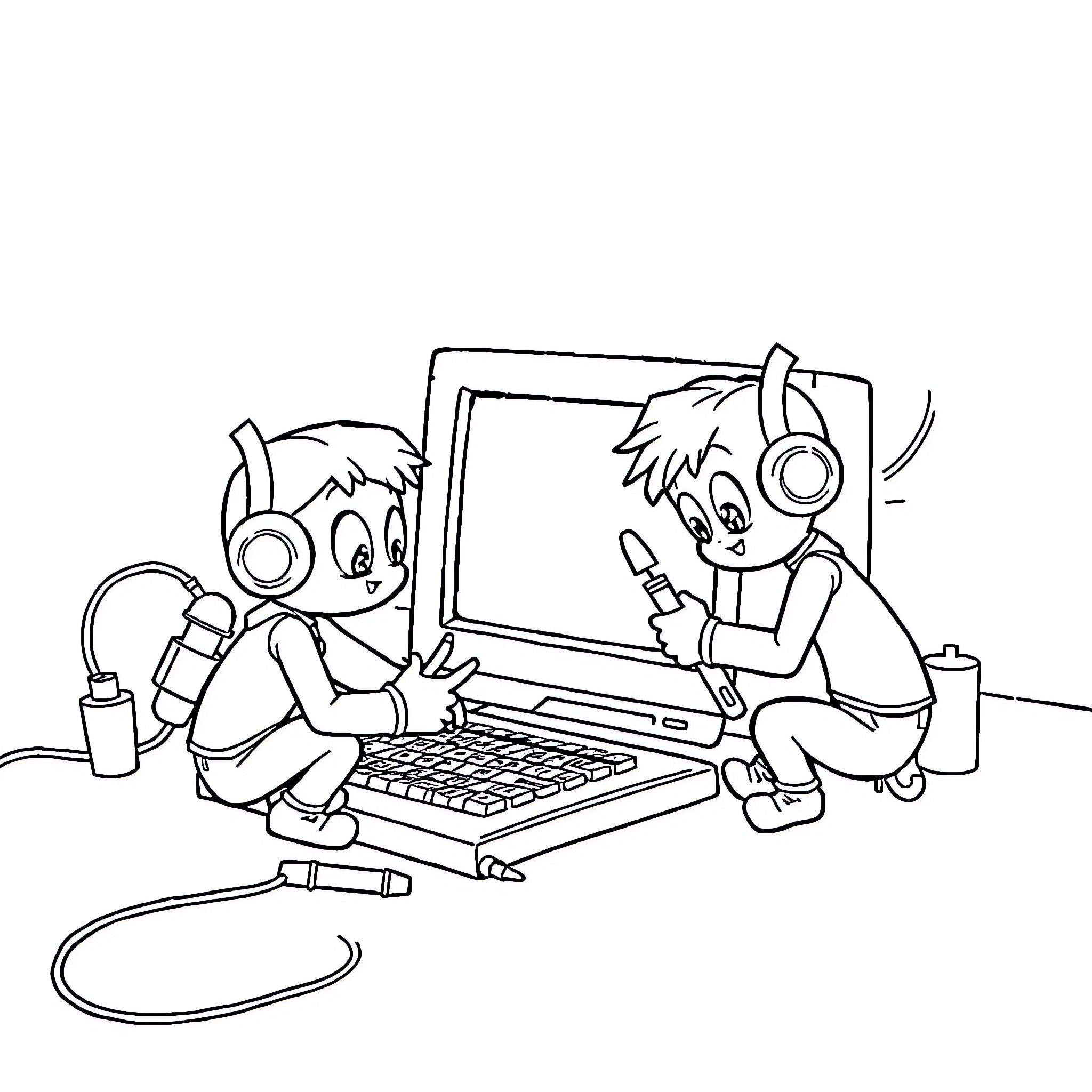 Fixie gamers enjoying digital entertainment together Coloring Page (free black-and-white line drawing printable PDF for all, from beginners to advanced learners, including children, teens, adults, and seniors)