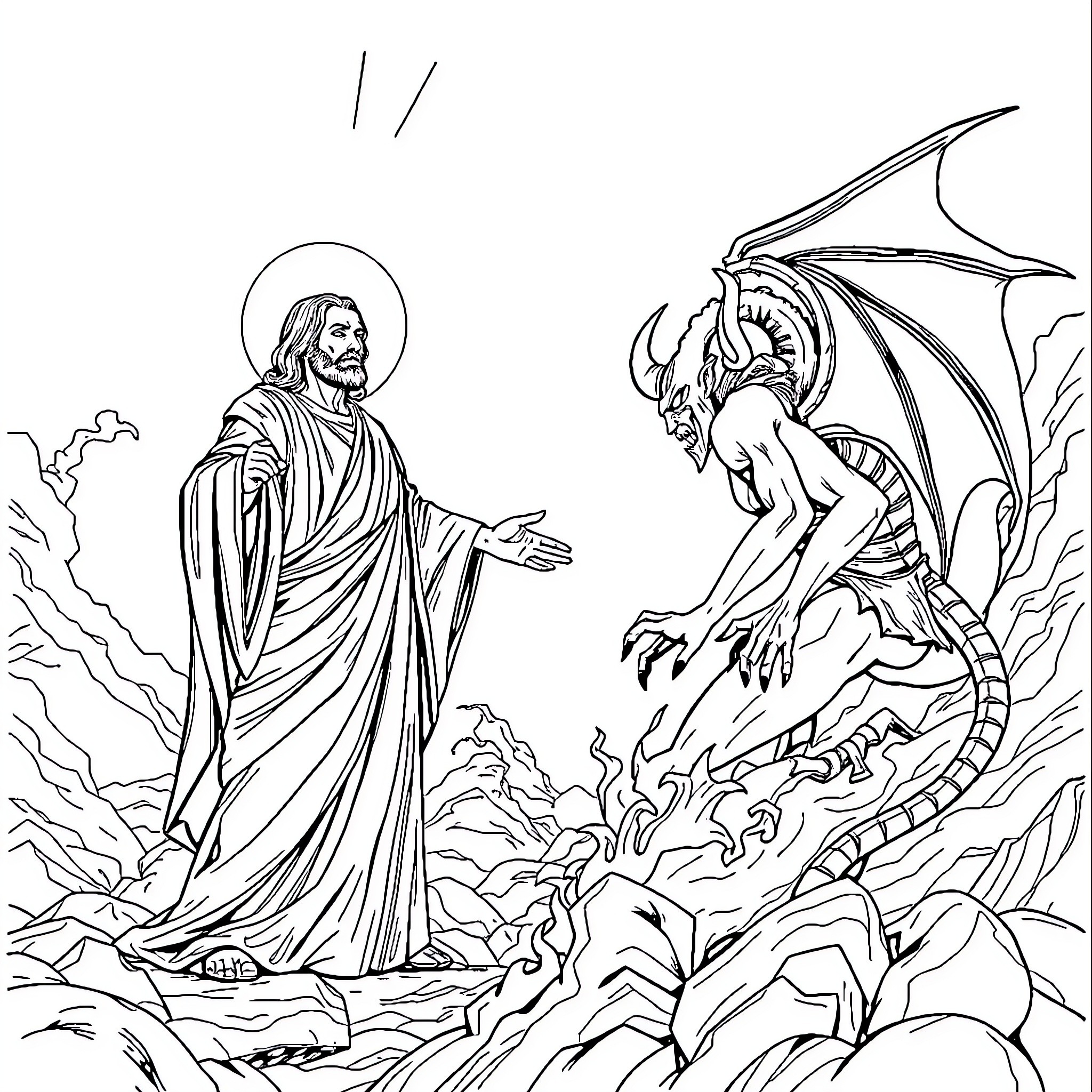 Jesus confronting a fearsome dragon in the wilderness Coloring Page (free black-and-white line drawing printable PDF for all, from beginners to advanced learners, including children, teens, adults, and seniors)