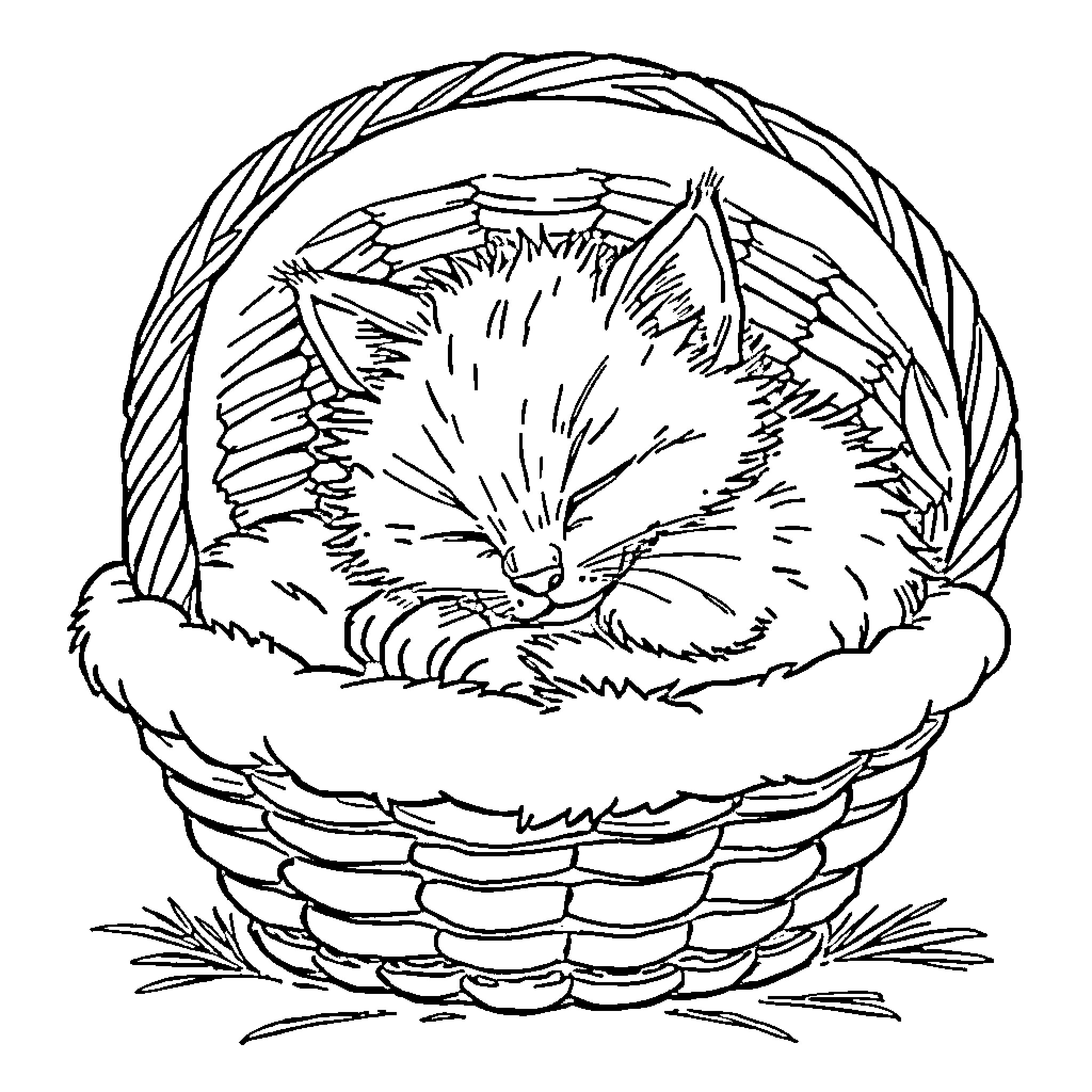 Kitten snuggling peacefully in basket Coloring Page (free black-and-white line drawing printable PDF for all, from beginners to advanced learners, including children, teens, adults, and seniors)