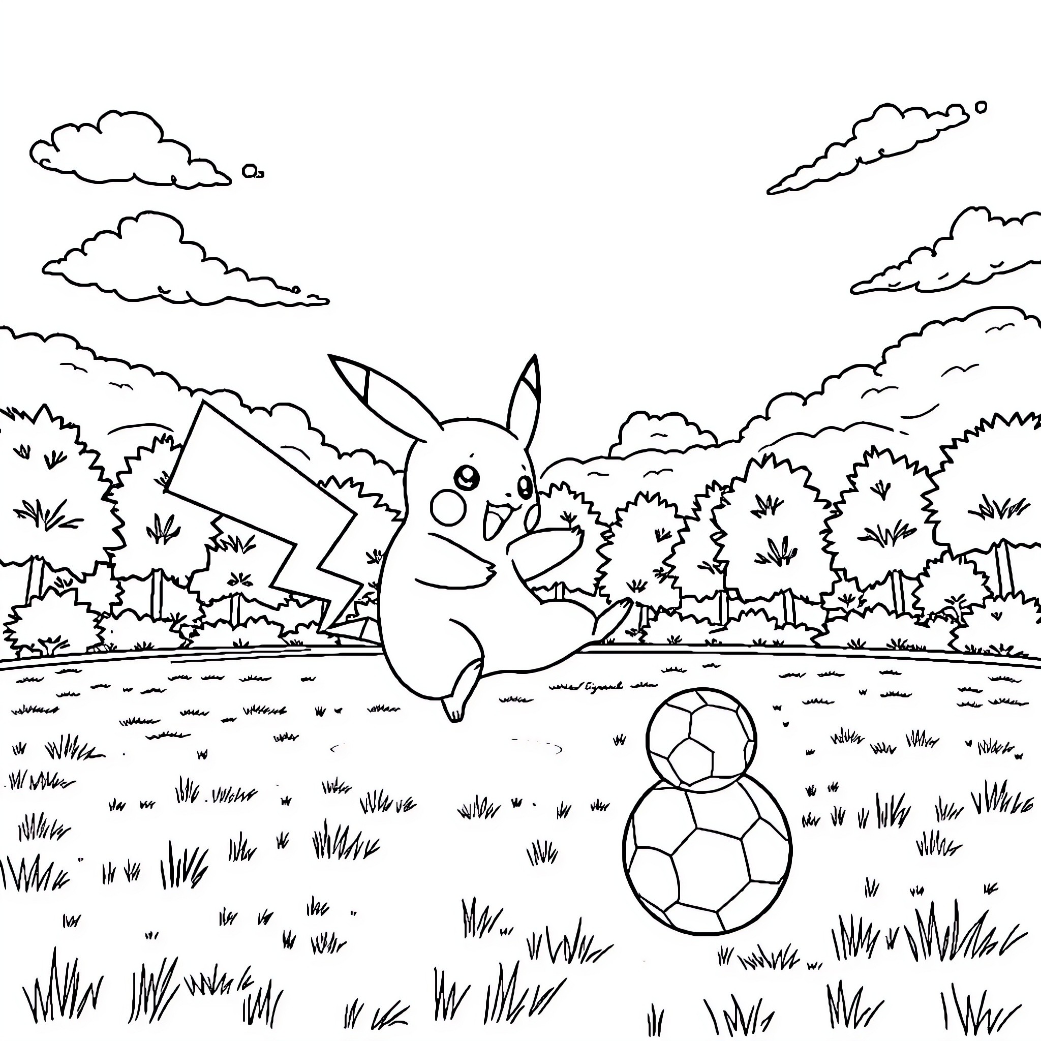 Pikachu playing soccer in a nature scene Coloring Page (free black-and-white line drawing printable PDF for all, from beginners to advanced learners, including children, teens, adults, and seniors)