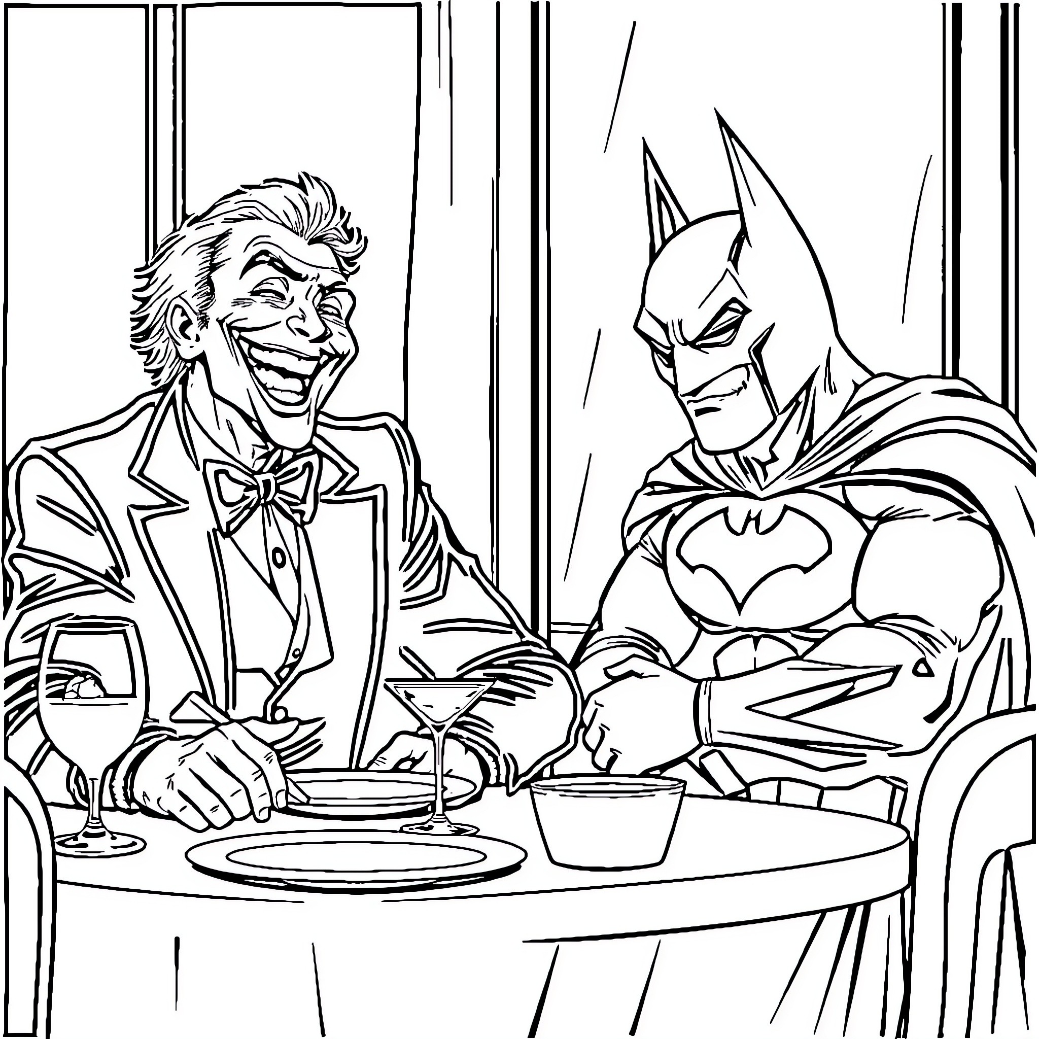Joker and Batman in Confrontation Coloring Page (free black-and-white line drawing printable PDF for all, from beginners to advanced learners, including children, teens, adults, and seniors)