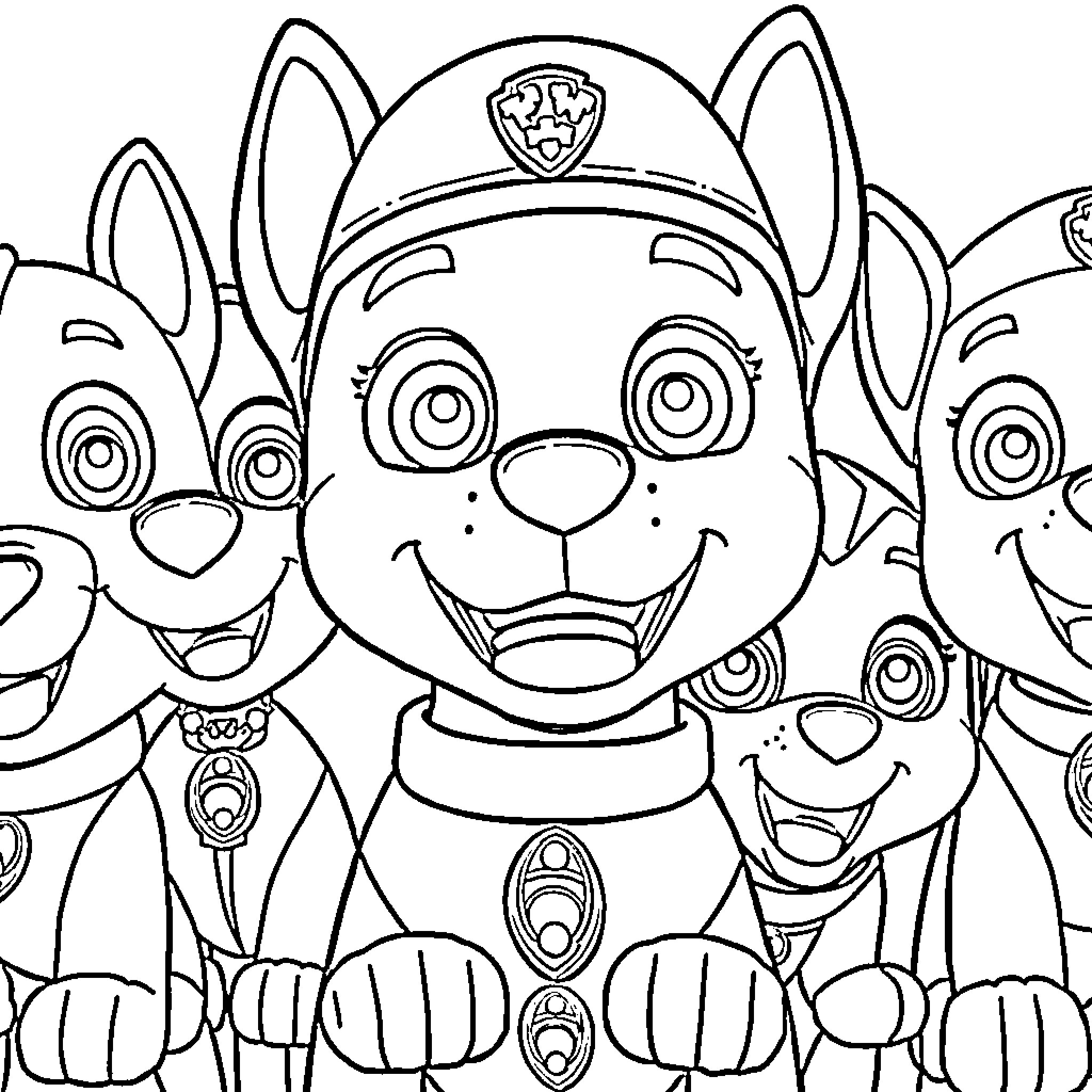 Paw Patrol characters in action poses Coloring Page (free black-and-white line drawing printable PDF for all, from beginners to advanced learners, including children, teens, adults, and seniors)