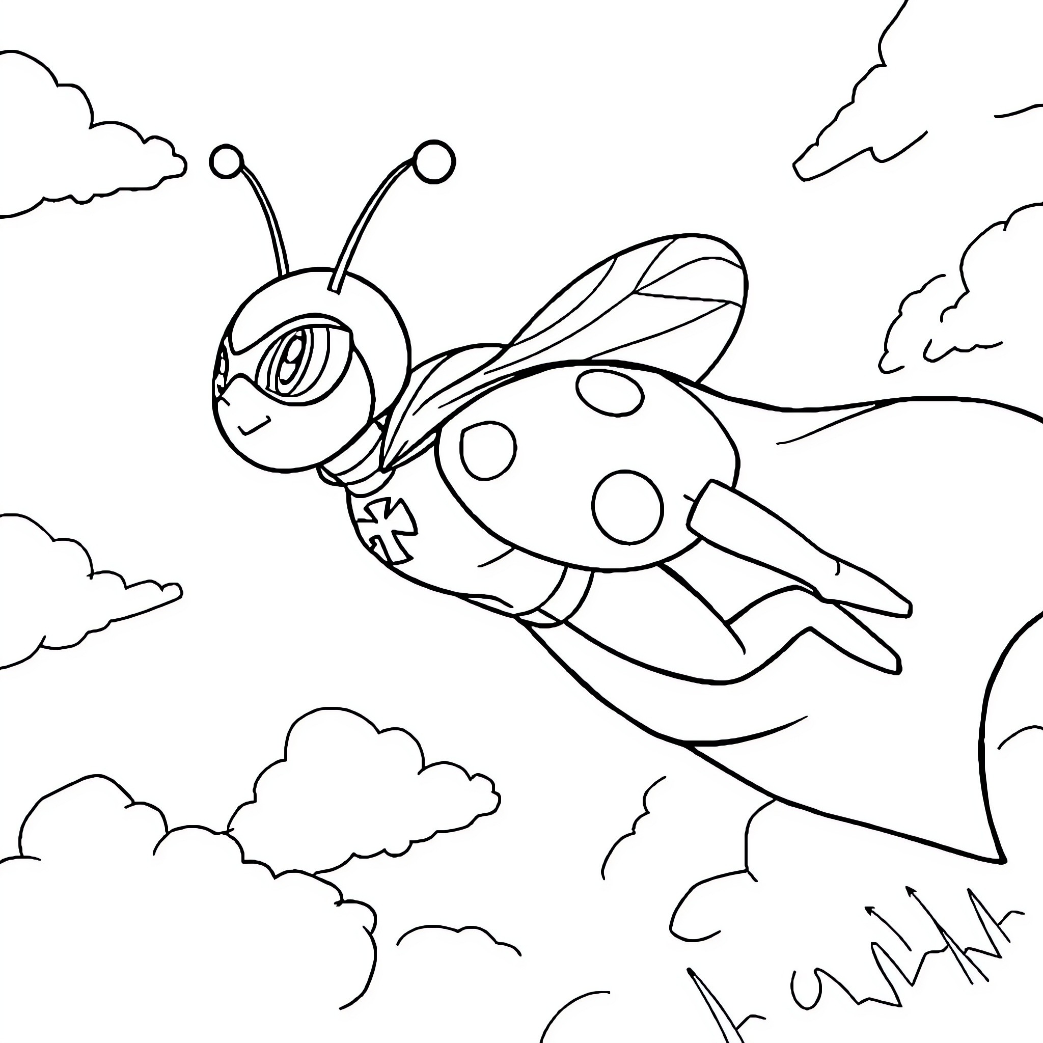 Ladybug soaring through the sky with clouds Coloring Page (free black-and-white line drawing printable PDF for all, from beginners to advanced learners, including children, teens, adults, and seniors)