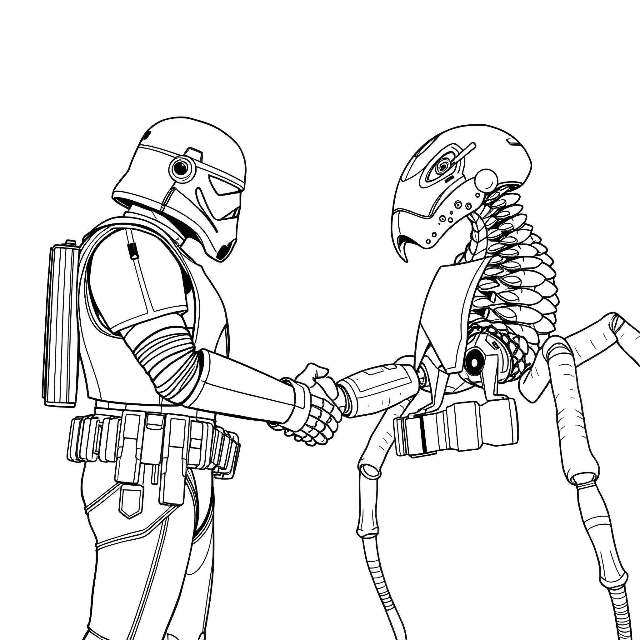 Starship Troopers: Interspecies Cooperation Coloring Page (free black-and-white line drawing printable PDF for all, from beginners to advanced learners, including children, teens, adults, and seniors)