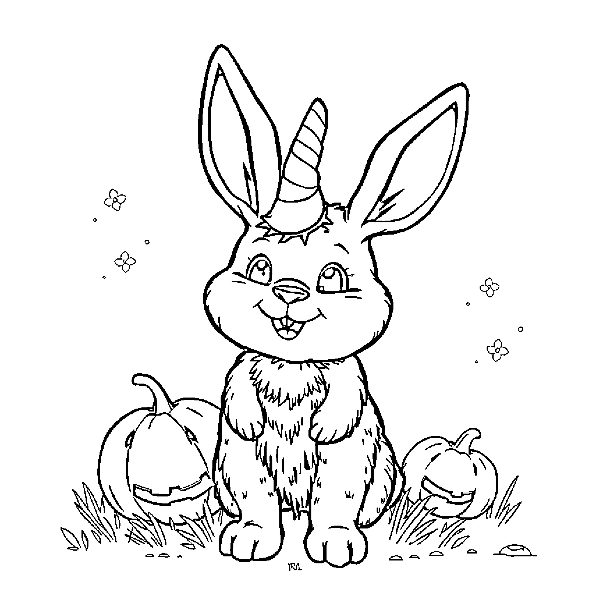 Halloween Pumpkin Bunny with Unicorn Horn Coloring Page (free black-and-white line drawing printable PDF for all, from beginners to advanced learners, including children, teens, adults, and seniors)
