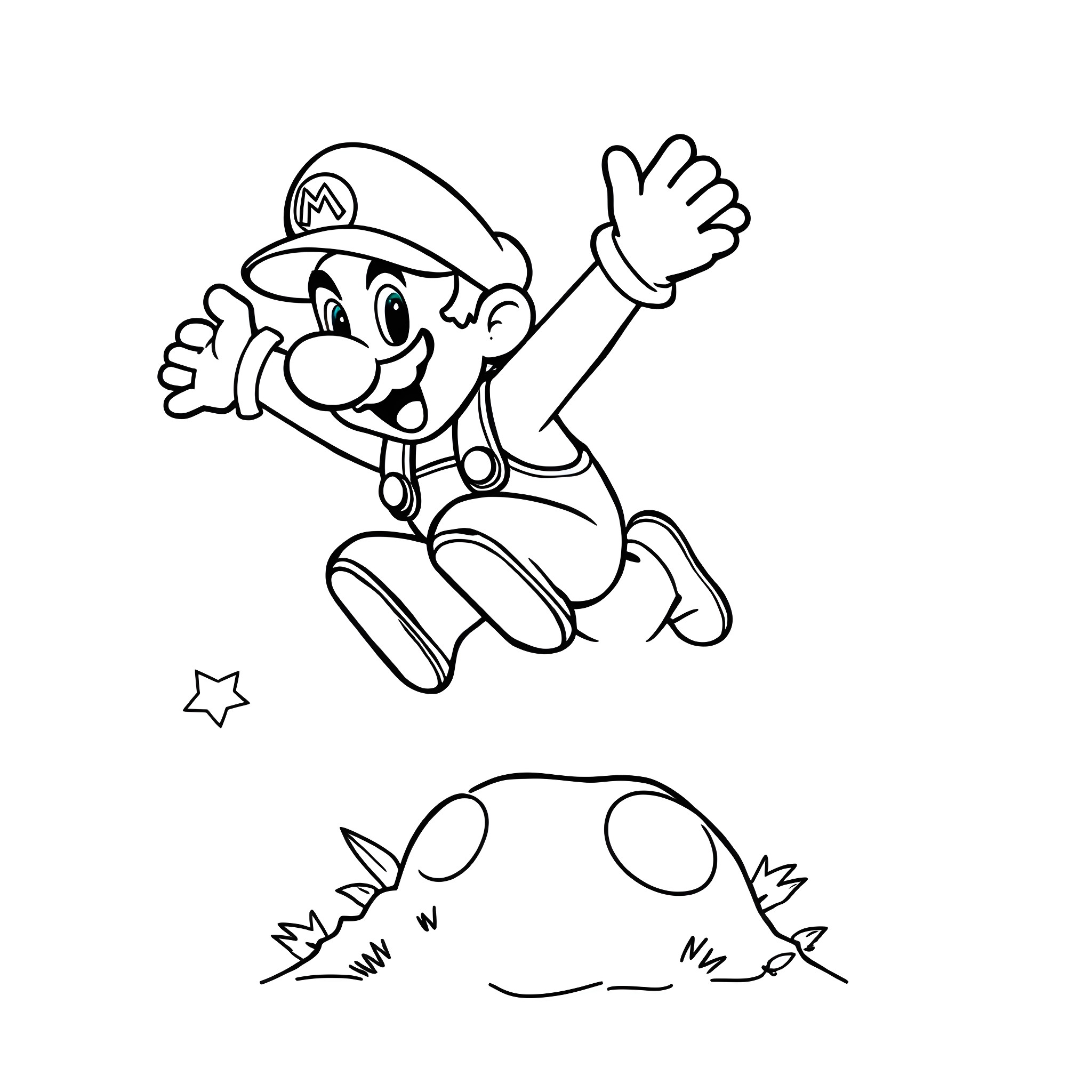 Mario jumping joyfully in action Coloring Page (free black-and-white line drawing printable PDF for all, from beginners to advanced learners, including children, teens, adults, and seniors)