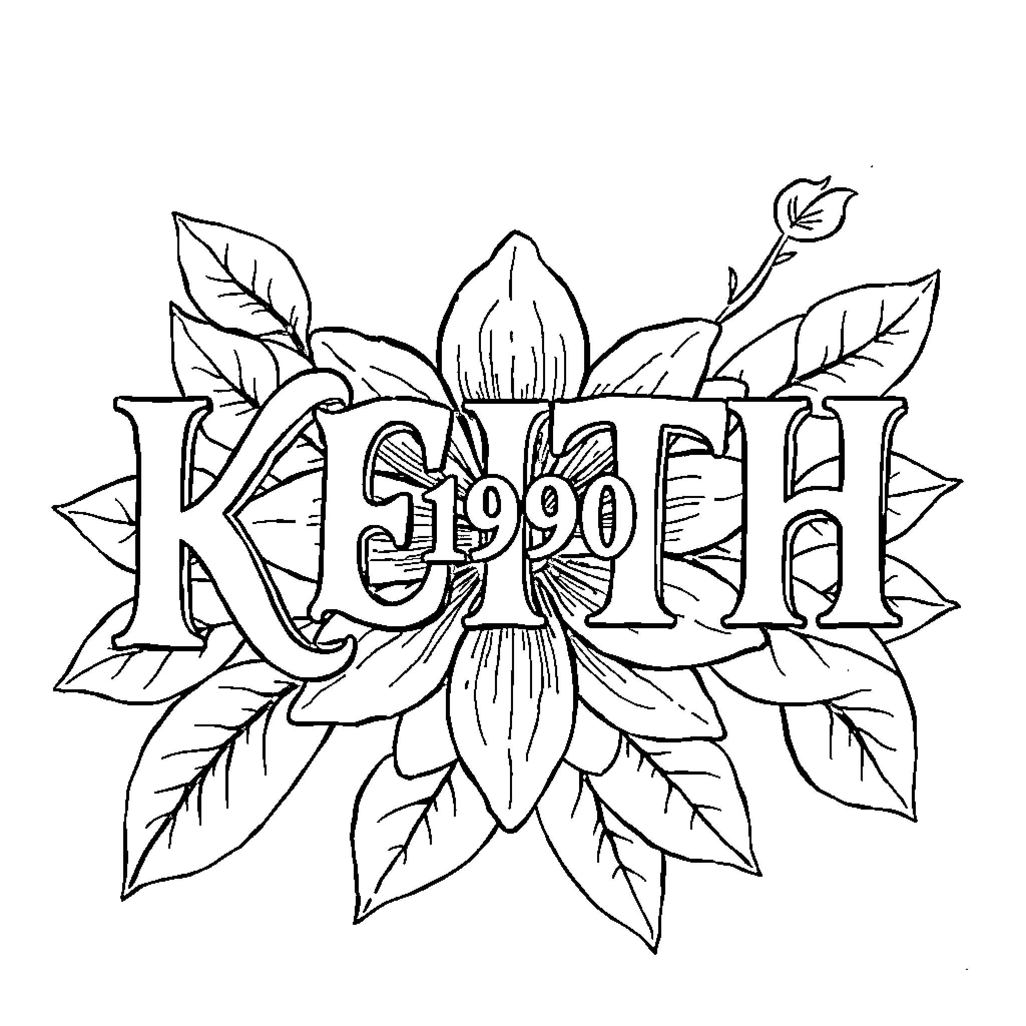 Keith's Floral Design with Lettering Coloring Page (free black-and-white line drawing printable PDF for all, from beginners to advanced learners, including children, teens, adults, and seniors)