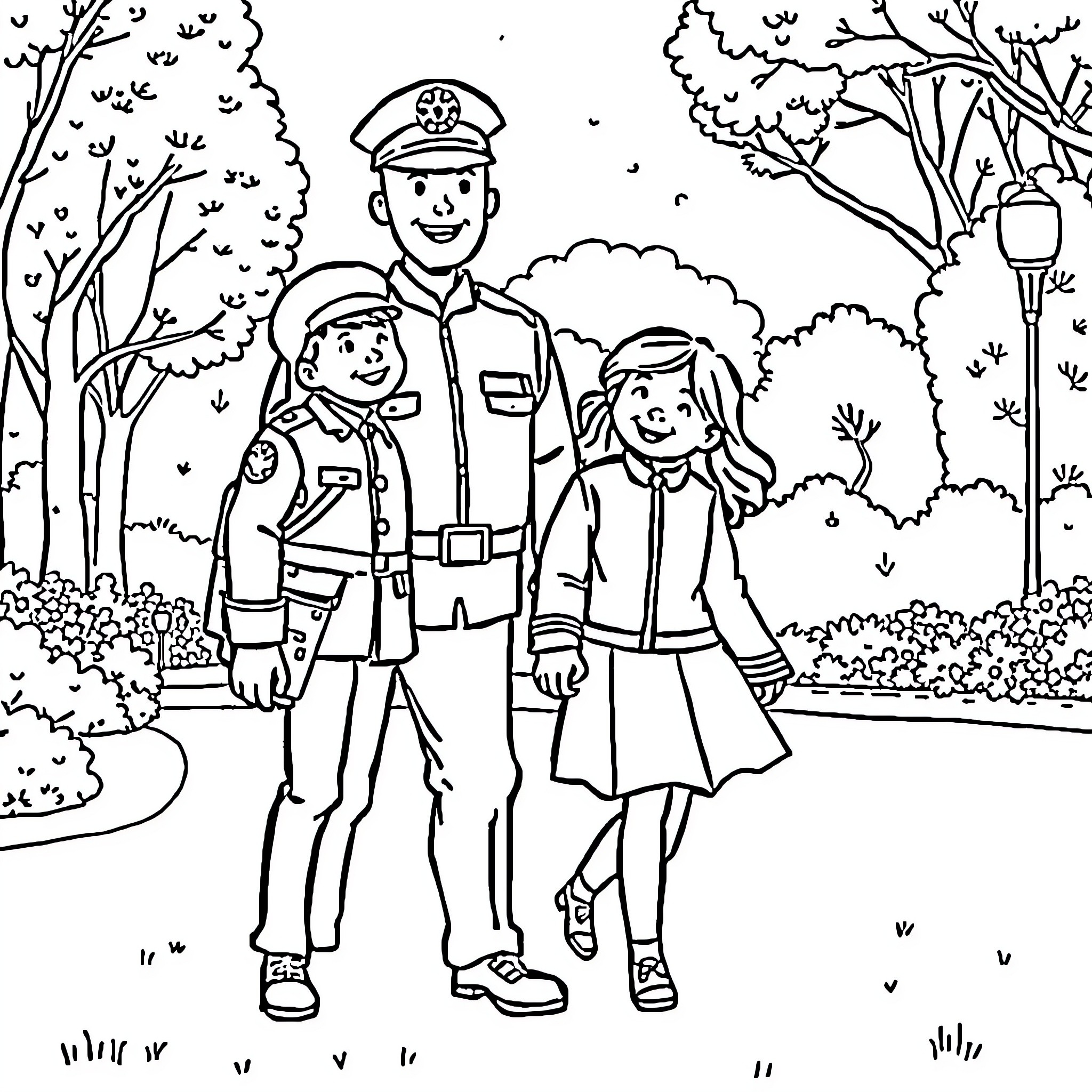 Firefighter helps two children in park Coloring Page (free black-and-white line drawing printable PDF for all, from beginners to advanced learners, including children, teens, adults, and seniors)