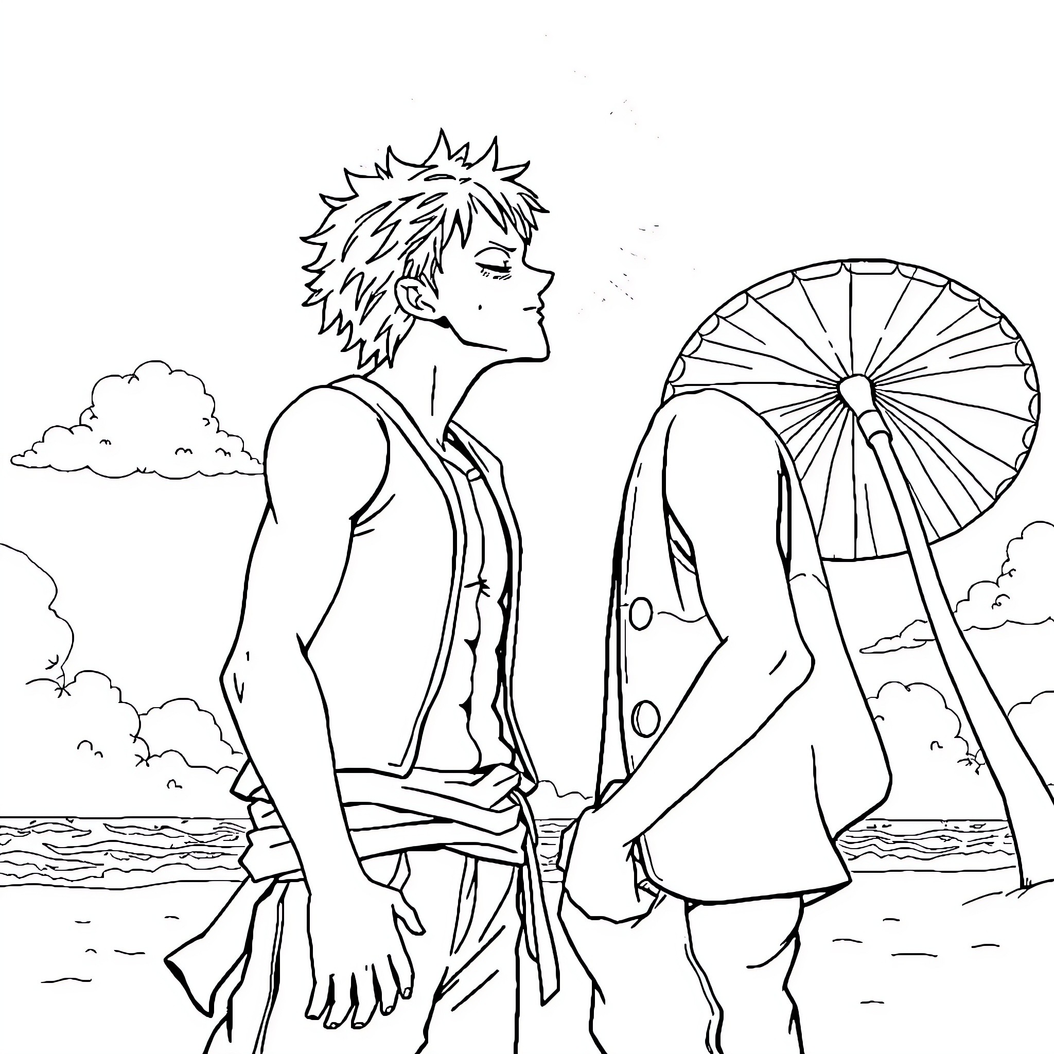 Zoro enjoys a peaceful day at the beach Coloring Page (free black-and-white line drawing printable PDF for all, from beginners to advanced learners, including children, teens, adults, and seniors)
