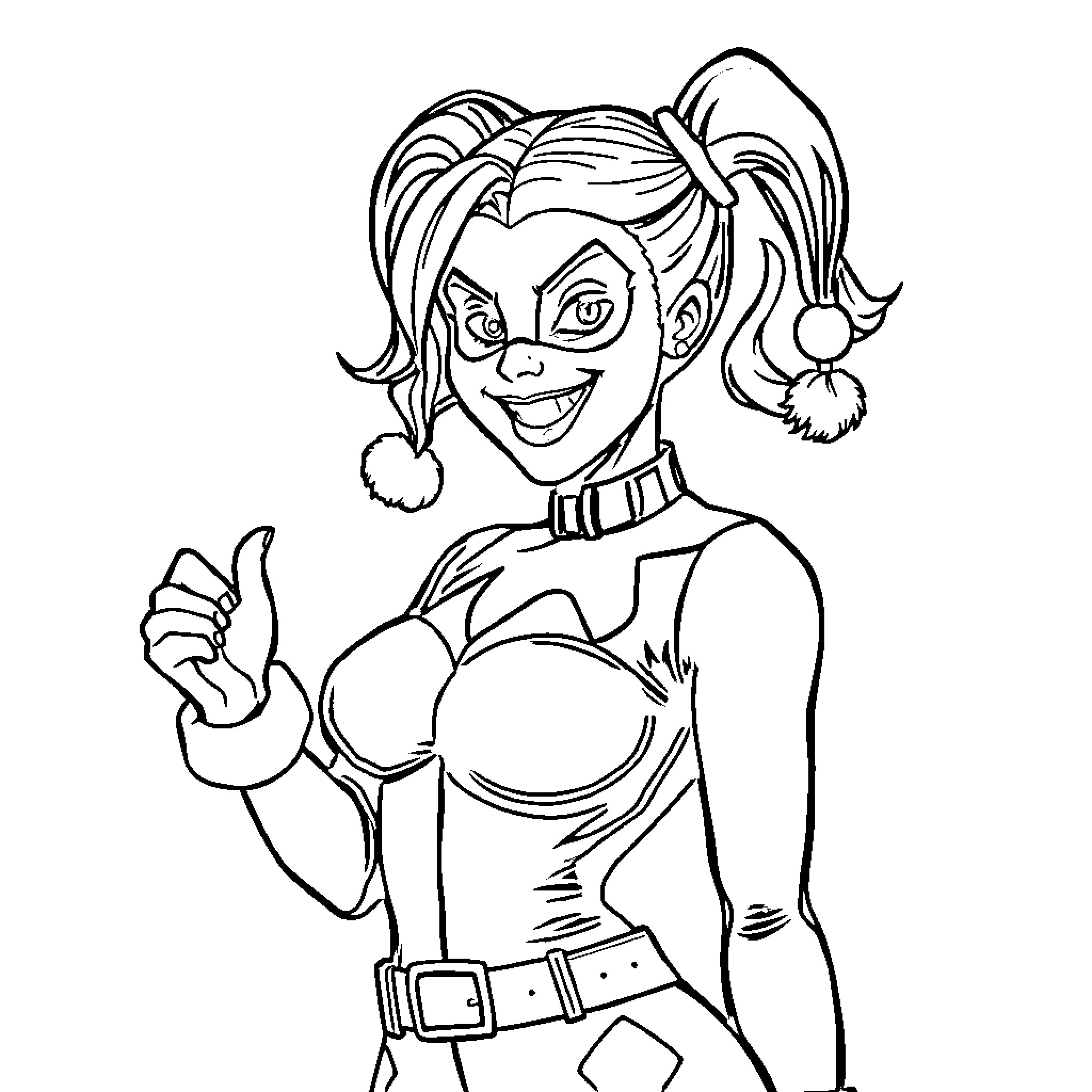 Harley Quinn striking a mischievous pose Coloring Page (free black-and-white line drawing printable PDF for all, from beginners to advanced learners, including children, teens, adults, and seniors)
