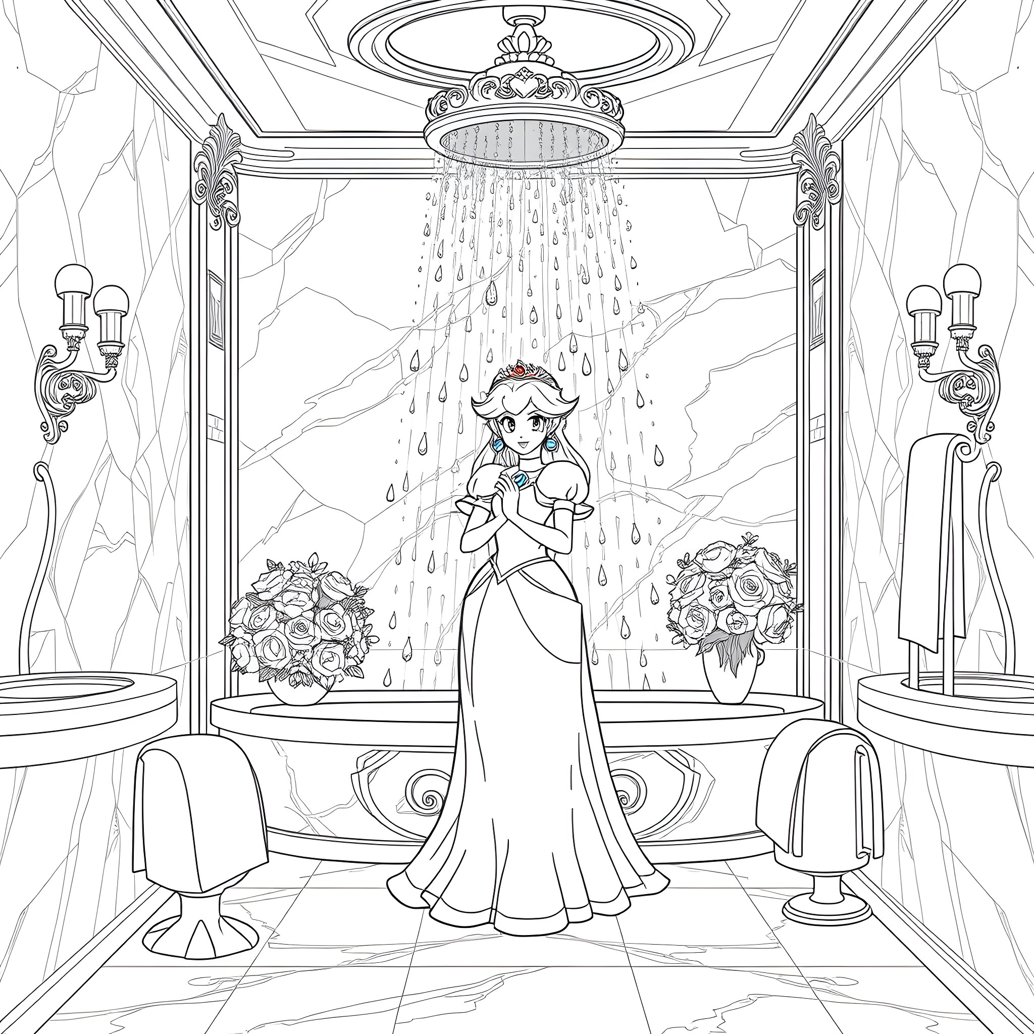 Princess in an opulent bathroom with a shower Coloring Page (free black-and-white line drawing printable PDF for all, from beginners to advanced learners, including children, teens, adults, and seniors)