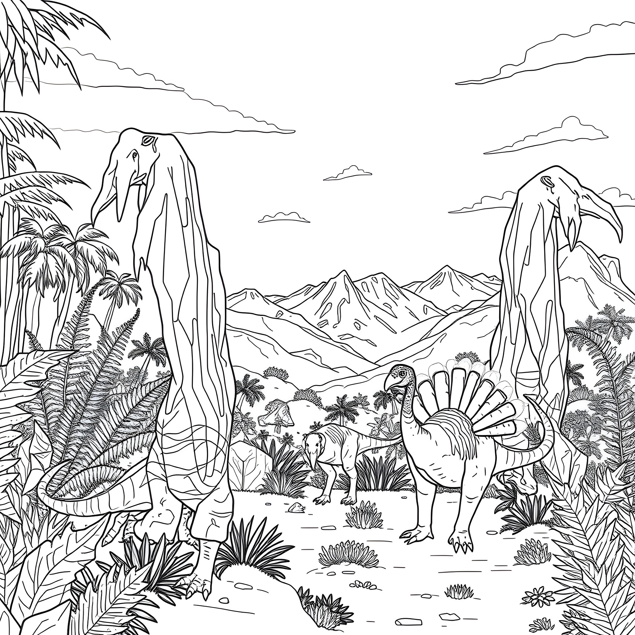 Turkey's Prehistoric Landscape with Mysterious Creatures Coloring Page (free black-and-white line drawing printable PDF for all, from beginners to advanced learners, including children, teens, adults, and seniors)