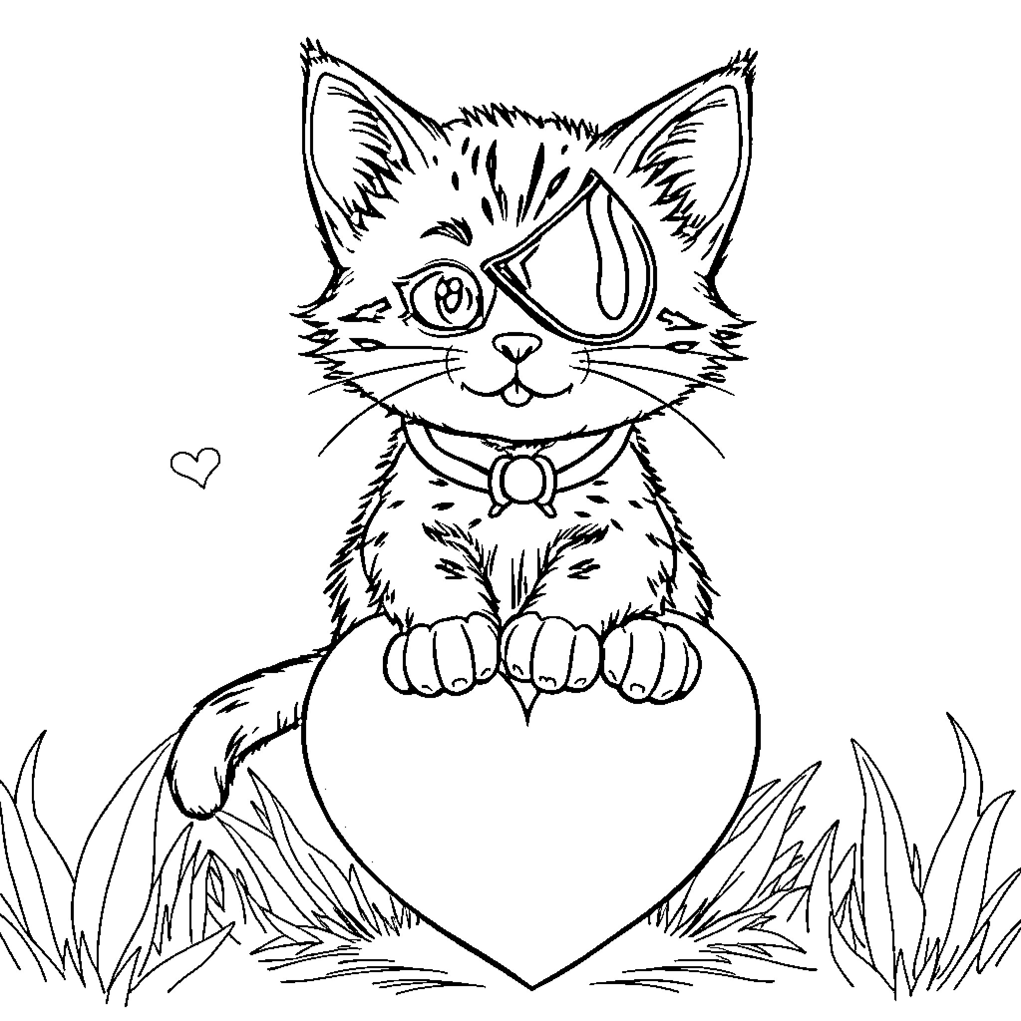 Kitten hugging heart-shaped pillow Coloring Page (free black-and-white line drawing printable PDF for all, from beginners to advanced learners, including children, teens, adults, and seniors)