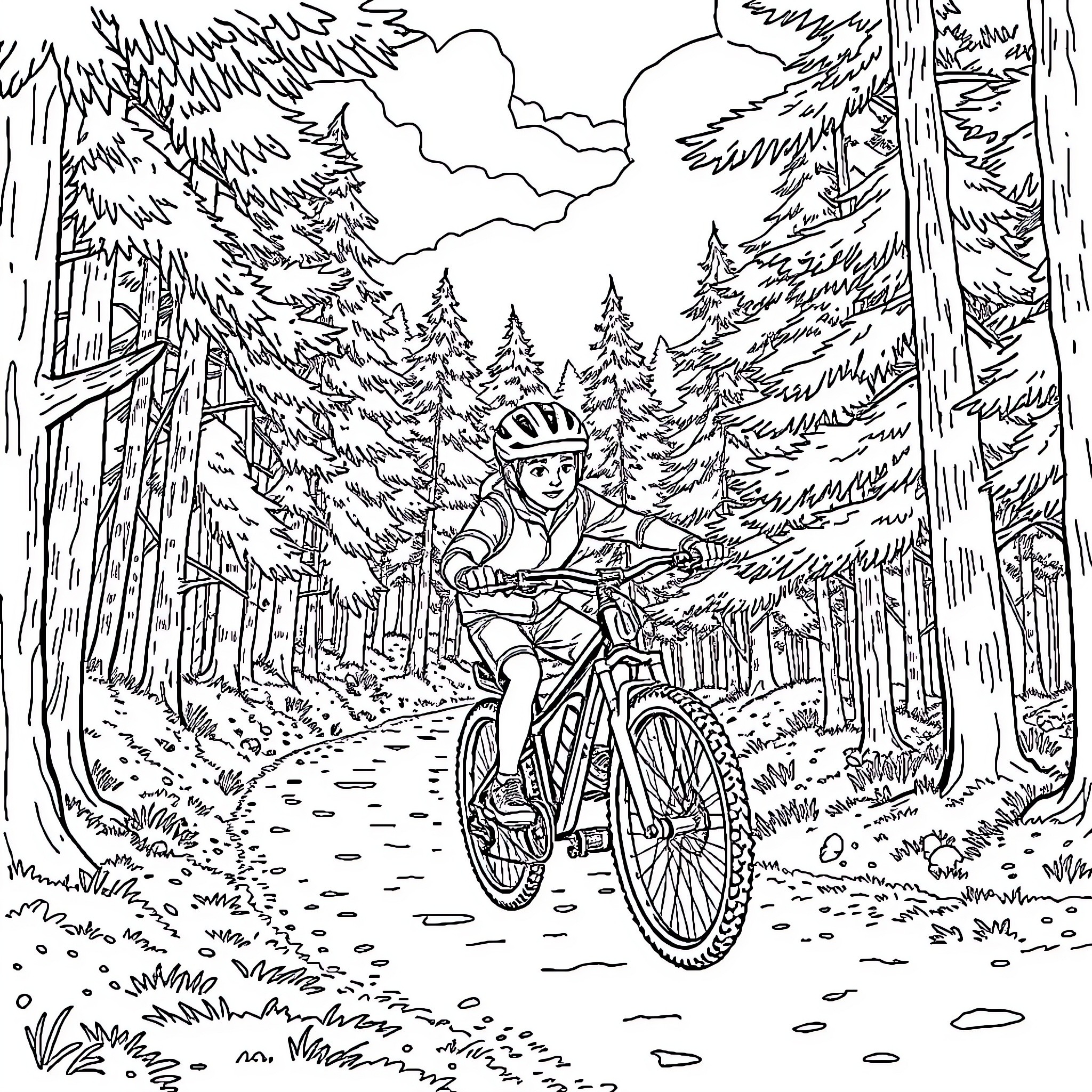 Boy riding bicycle through forest path Coloring Page (free black-and-white line drawing printable PDF for all, from beginners to advanced learners, including children, teens, adults, and seniors)