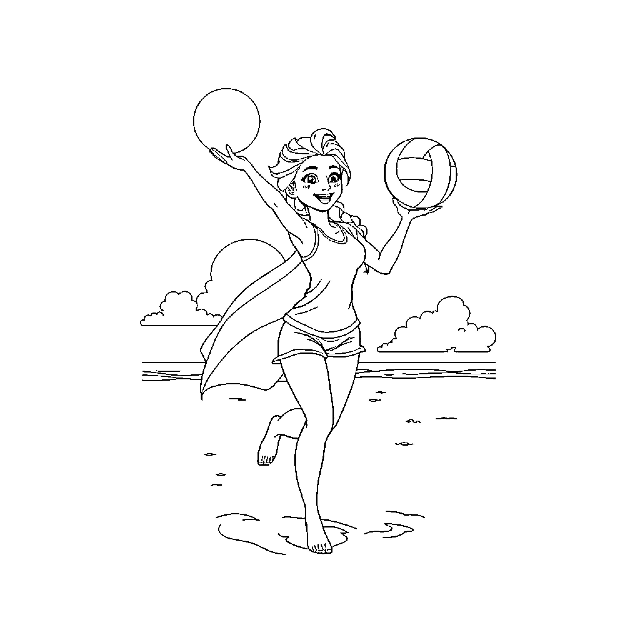 Elsa playing beach volleyball on the shore Coloring Page (free black-and-white line drawing printable PDF for all, from beginners to advanced learners, including children, teens, adults, and seniors)