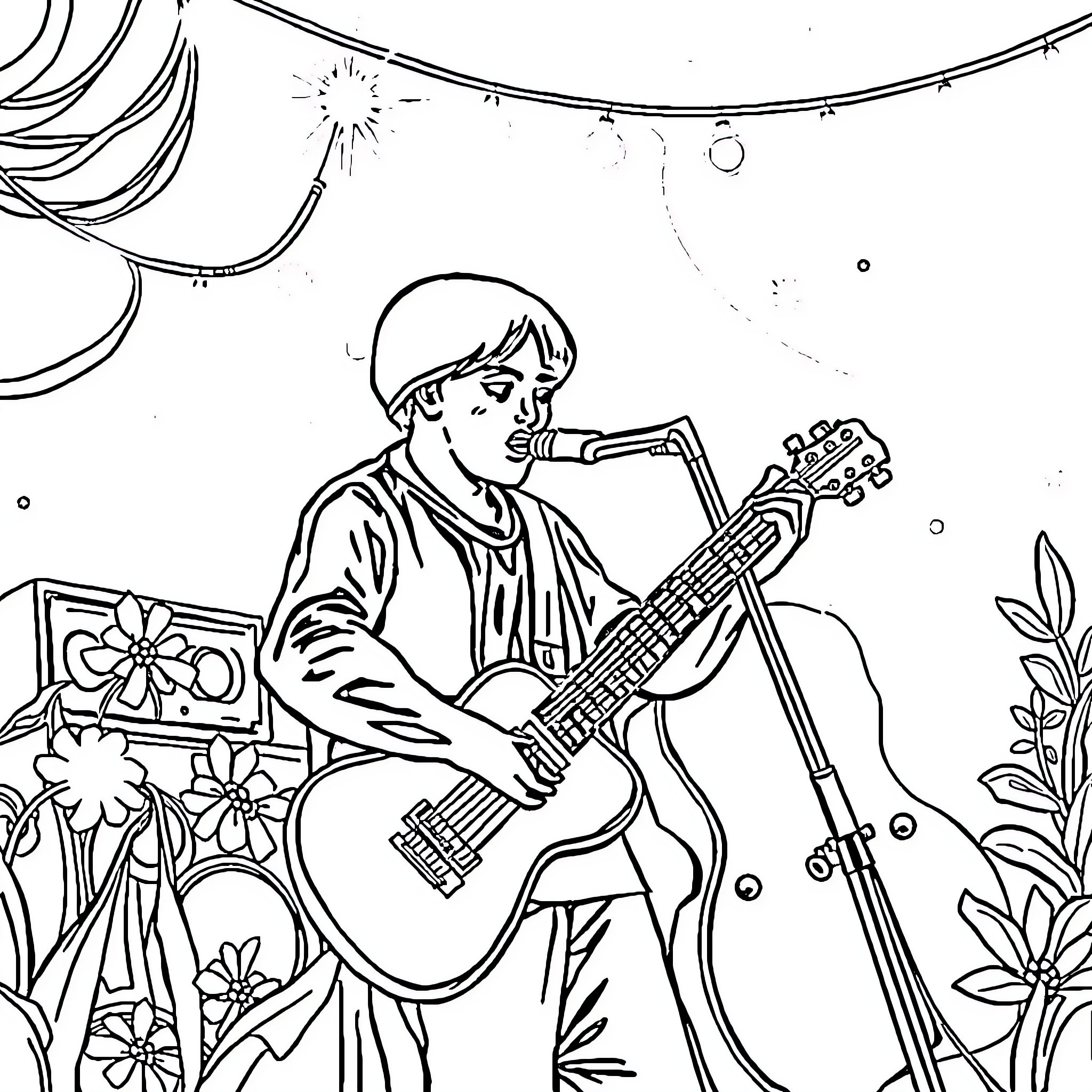 Mefc person playing guitar outdoors Coloring Page (free black-and-white line drawing printable PDF for all, from beginners to advanced learners, including children, teens, adults, and seniors)