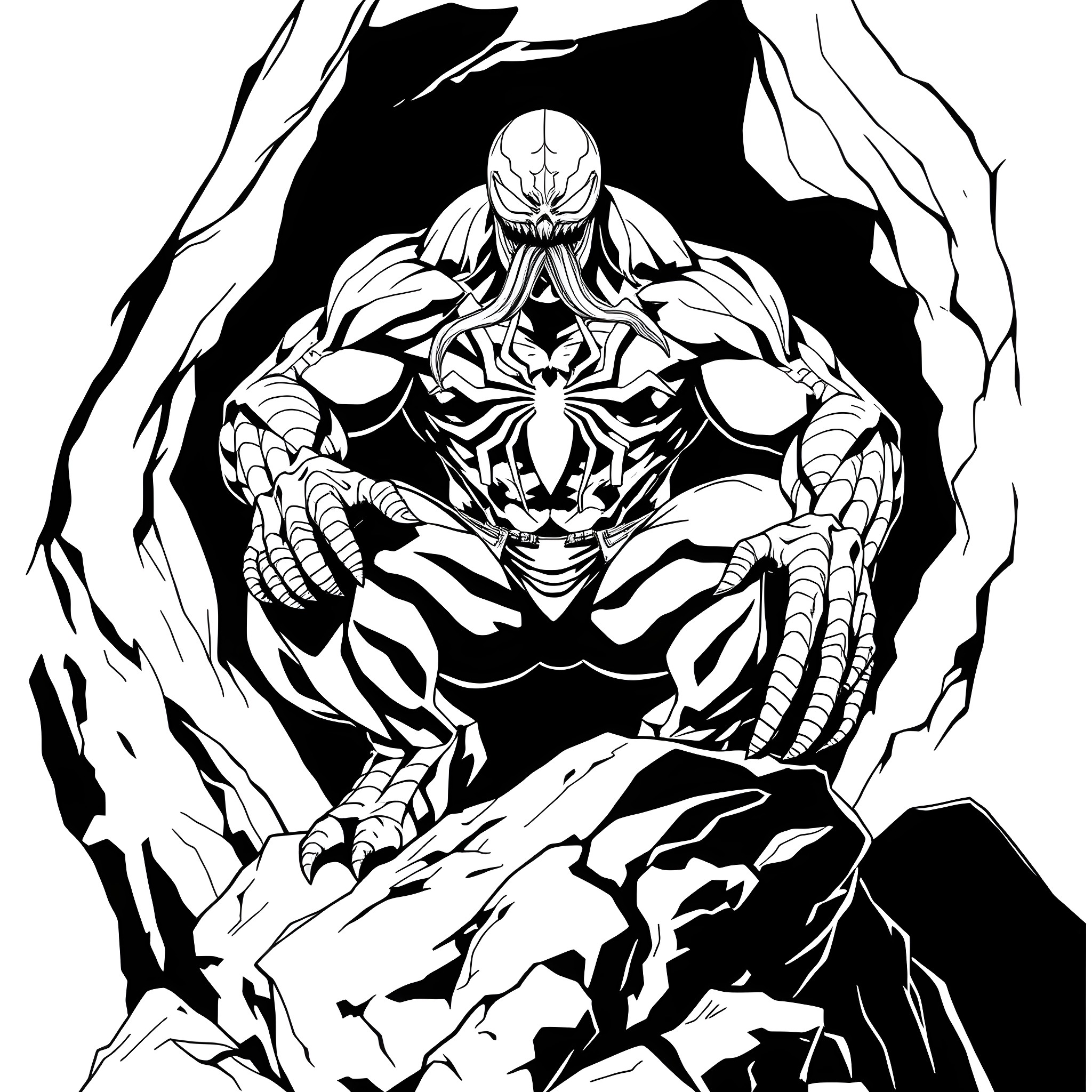 Venom Unleashing Ferocious Power Coloring Page (free black-and-white line drawing printable PDF for all, from beginners to advanced learners, including children, teens, adults, and seniors)