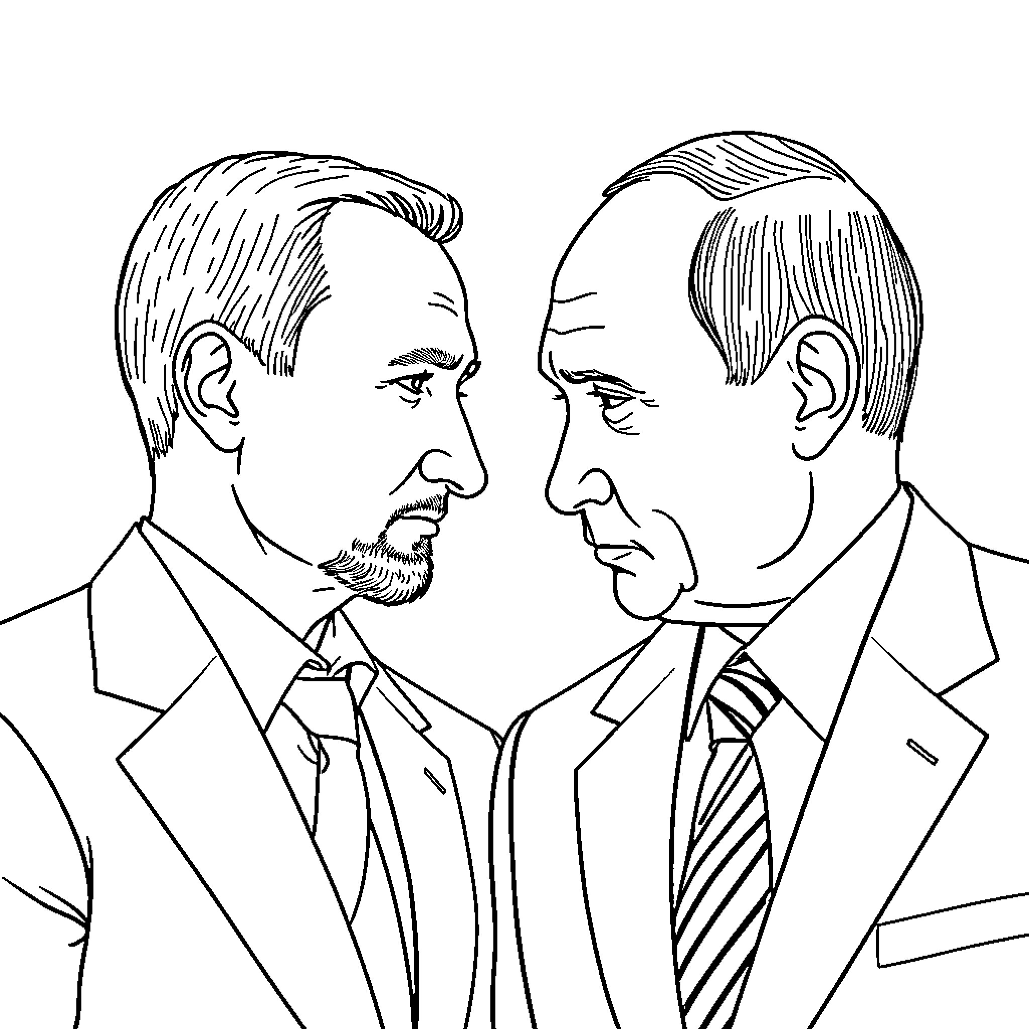 Zelensky and Putin in serious discussion Coloring Page (free black-and-white line drawing printable PDF for all, from beginners to advanced learners, including children, teens, adults, and seniors)