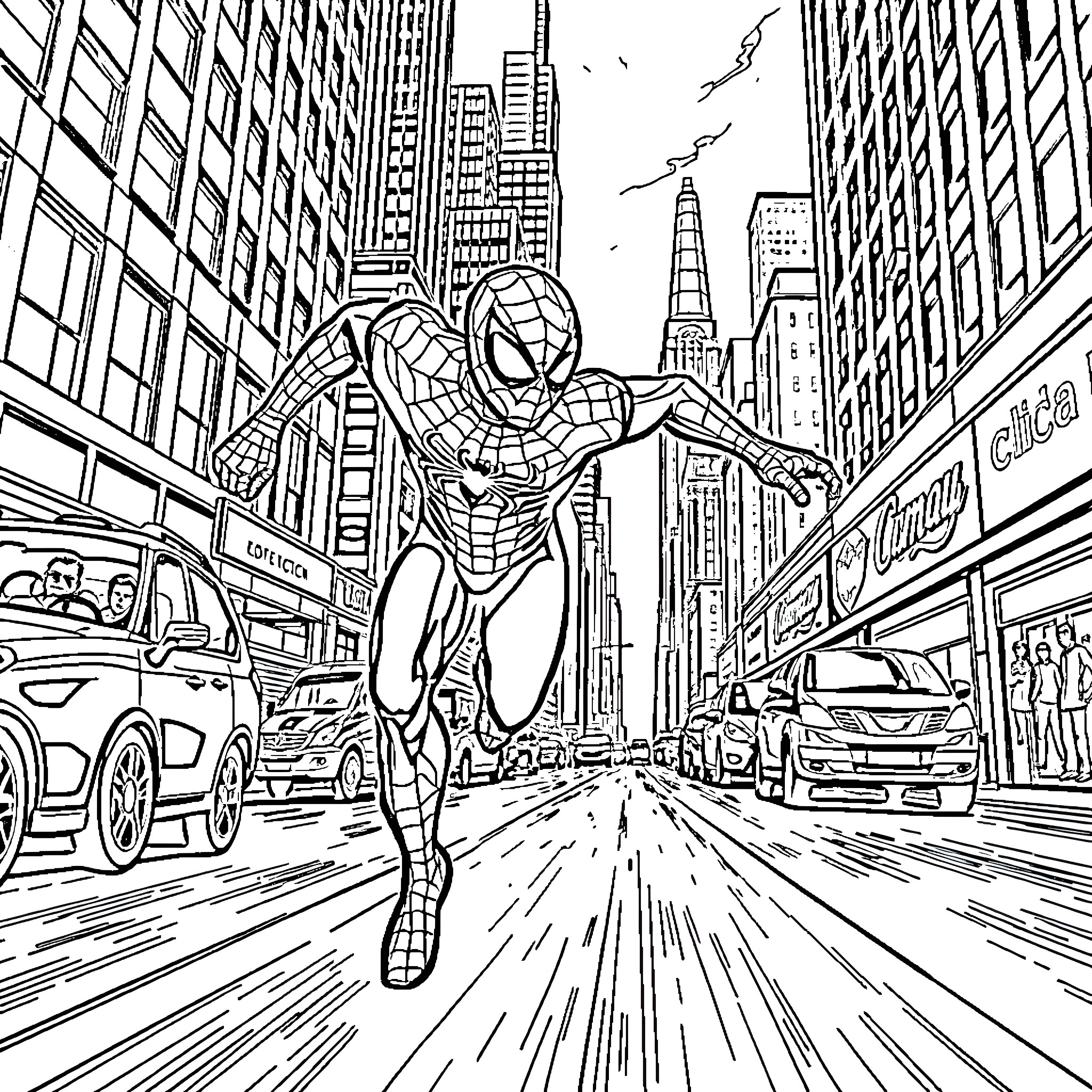 Spiderman swinging through the bustling city Coloring Page (free black-and-white line drawing printable PDF for all, from beginners to advanced learners, including children, teens, adults, and seniors)