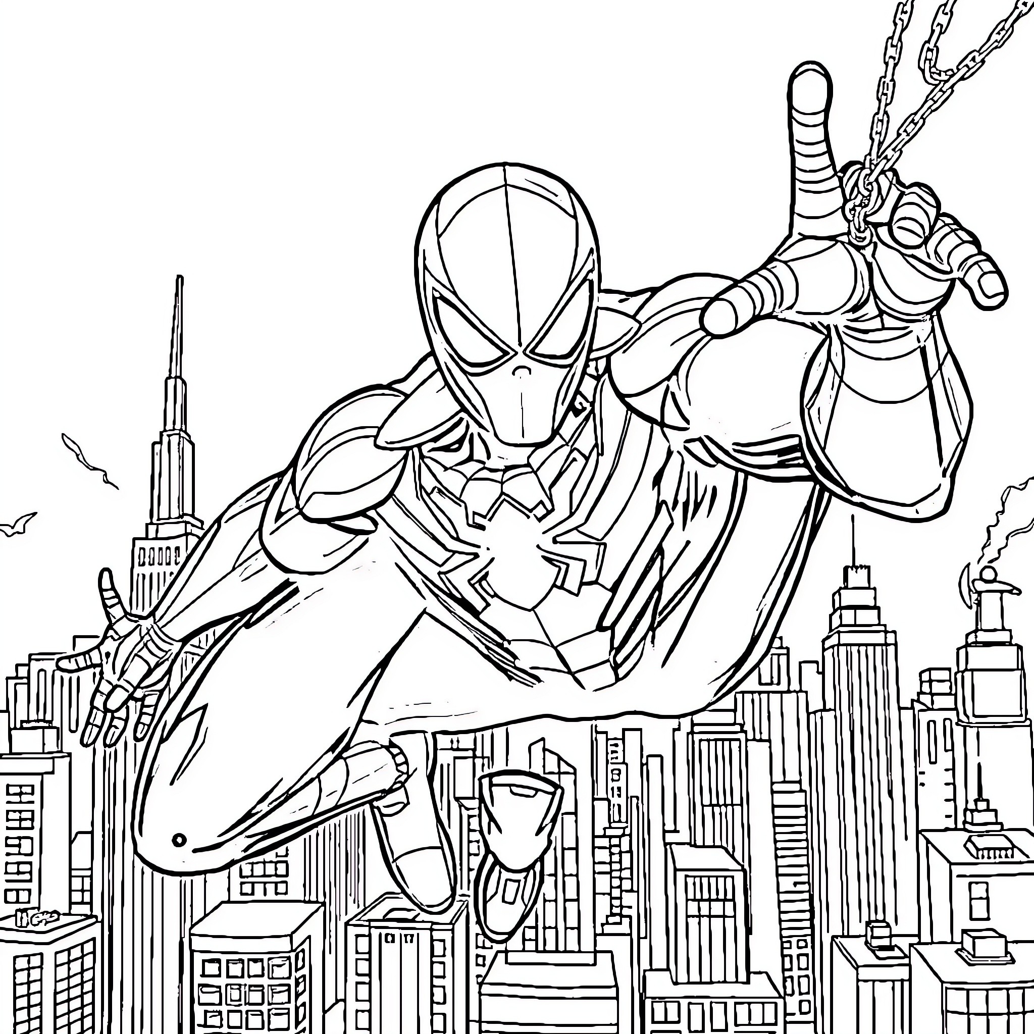 Iron Spiderman swinging through the city skyline Coloring Page (free black-and-white line drawing printable PDF for all, from beginners to advanced learners, including children, teens, adults, and seniors)