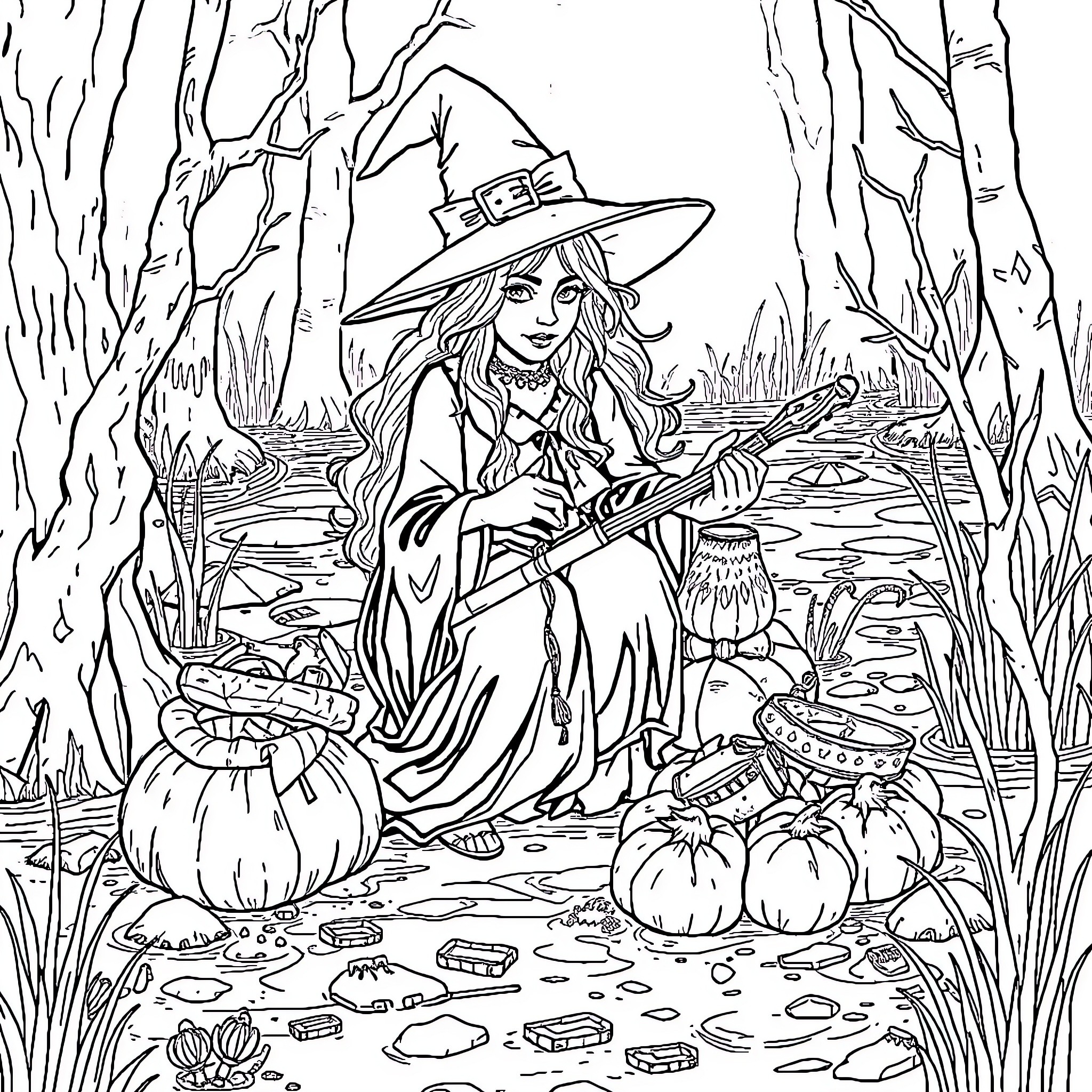 Witch Casting Spells in the Enchanted Forest Coloring Page (free black-and-white line drawing printable PDF for all, from beginners to advanced learners, including children, teens, adults, and seniors)