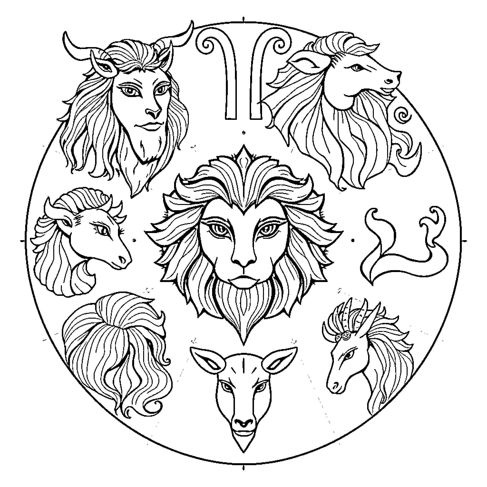Zodiac Symbols of Mythical Creatures Coloring Page (free black-and-white line drawing printable PDF for all, from beginners to advanced learners, including children, teens, adults, and seniors)