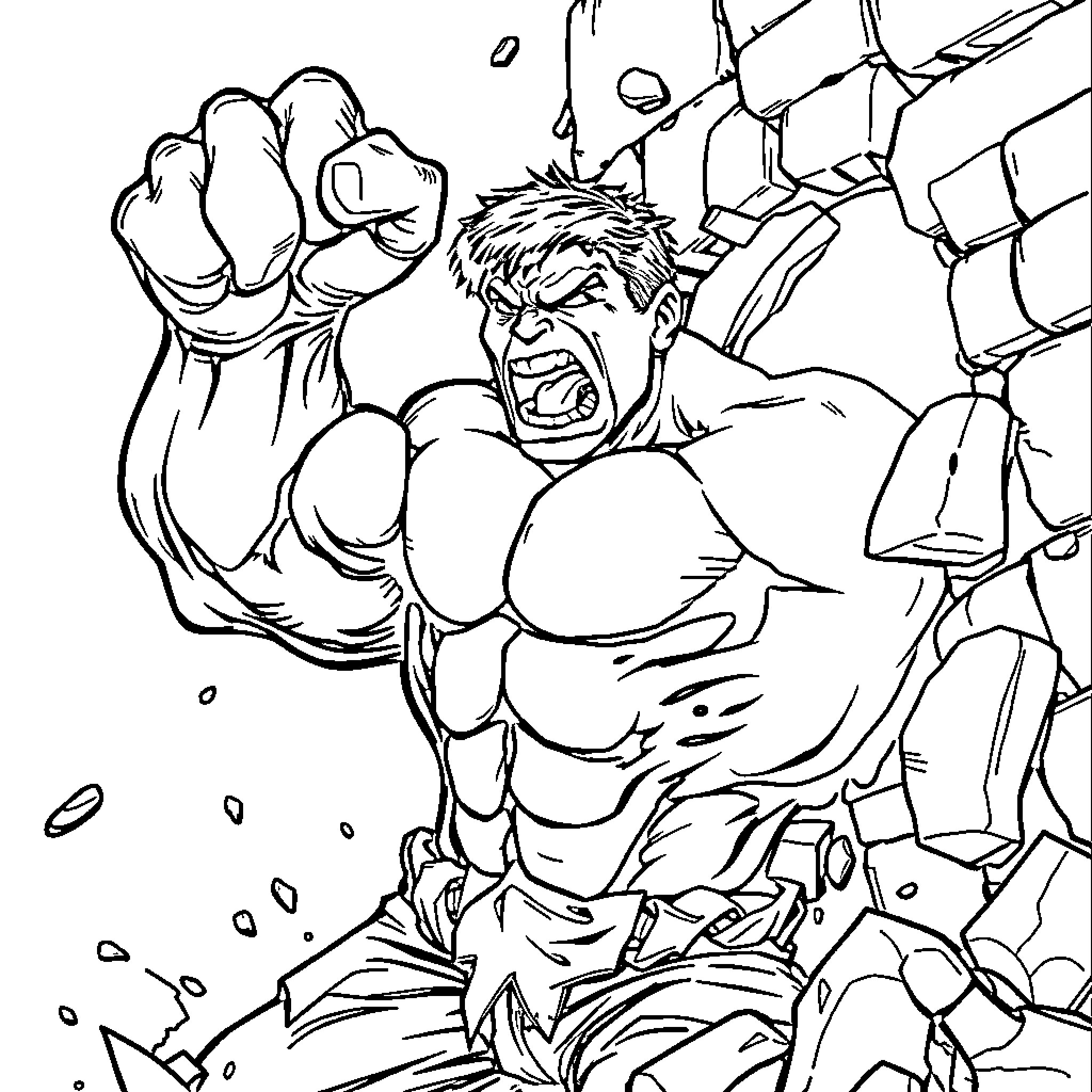 Hulk Smashing Through the Wall with Rage Coloring Page (free black-and-white line drawing printable PDF for all, from beginners to advanced learners, including children, teens, adults, and seniors)