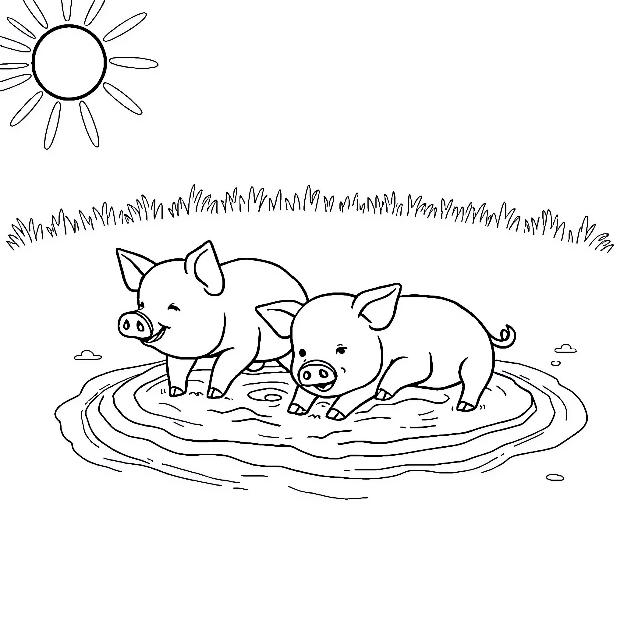 Pig family playing in a pond Coloring Page (free black-and-white line drawing printable PDF for all, from beginners to advanced learners, including children, teens, adults, and seniors)