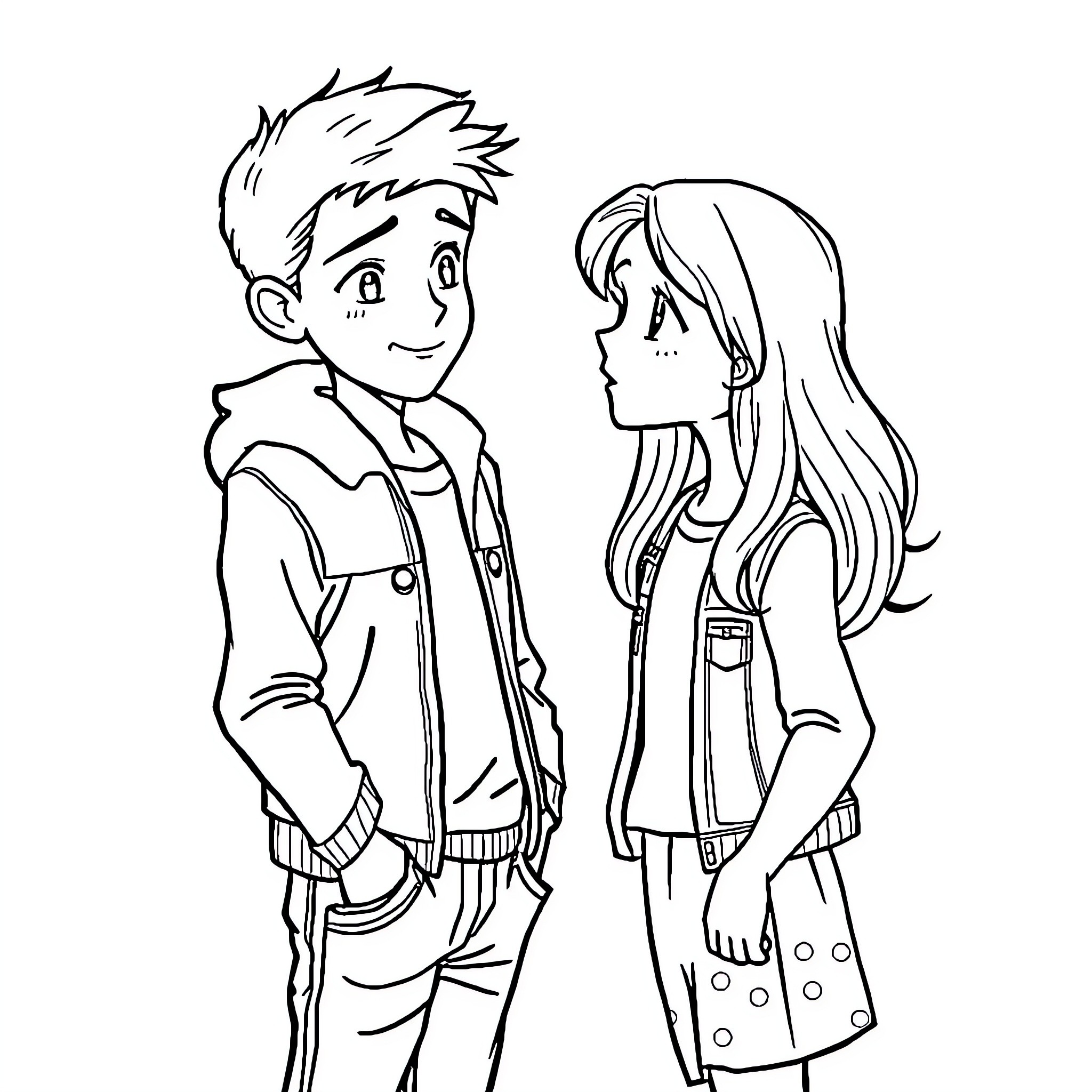 Girl interacts happily with young man in casual attire Coloring Page (free black-and-white line drawing printable PDF for all, from beginners to advanced learners, including children, teens, adults, and seniors)