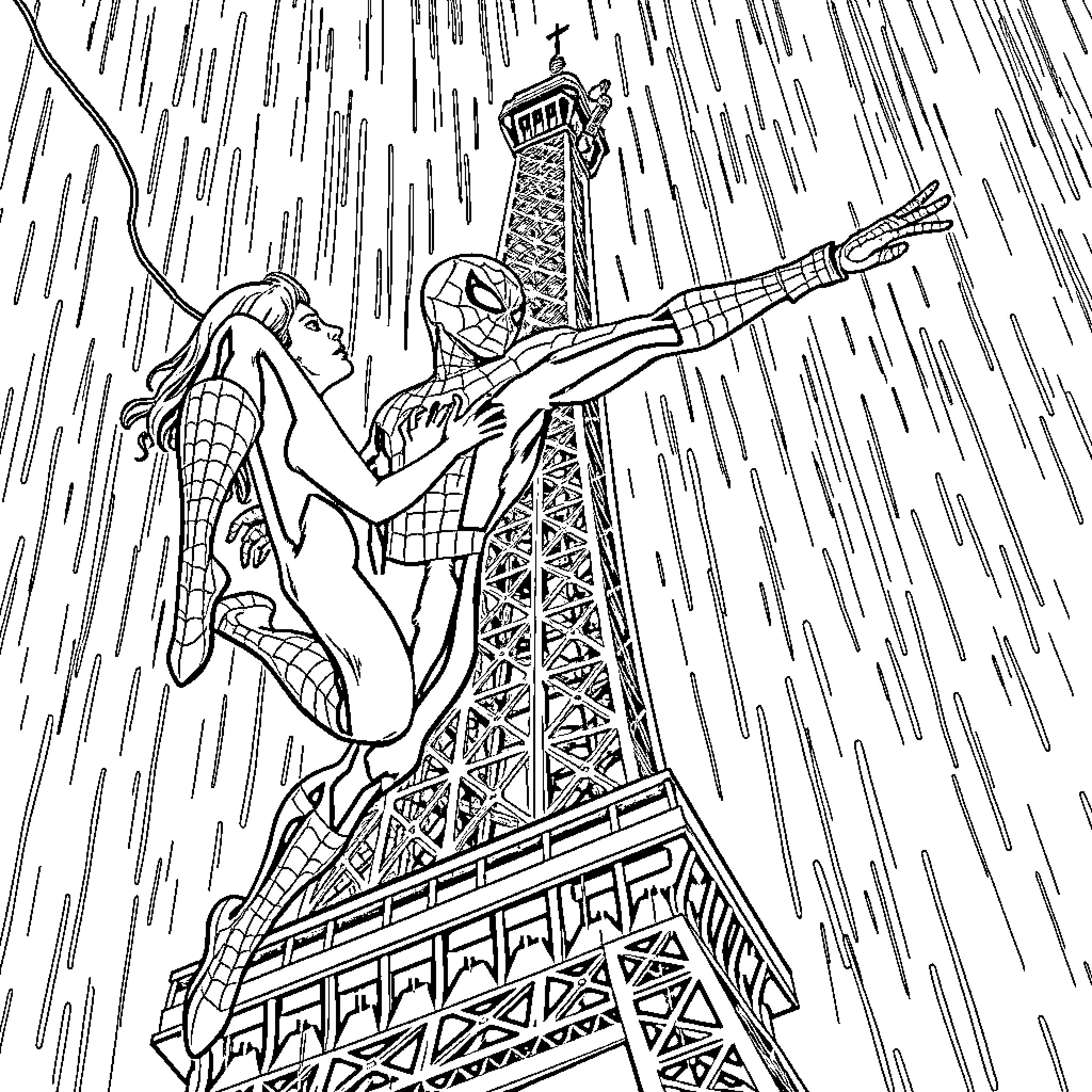 Spiderman swinging through the Eiffel Tower in the rain Coloring Page (free black-and-white line drawing printable PDF for all, from beginners to advanced learners, including children, teens, adults, and seniors)