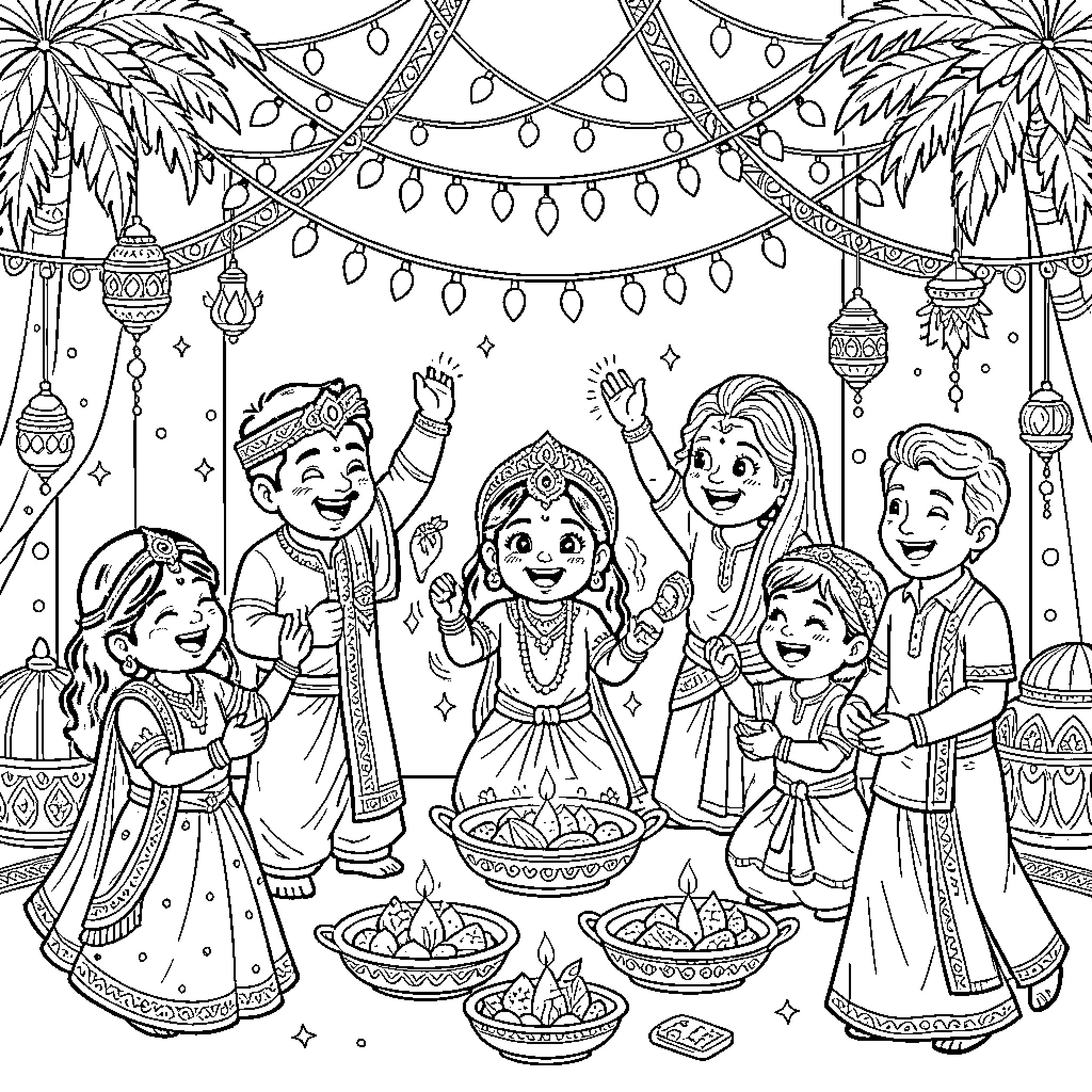 Diwali Celebration with Family and Traditional Decorations Coloring Page (free black-and-white line drawing printable PDF for all, from beginners to advanced learners, including children, teens, adults, and seniors)