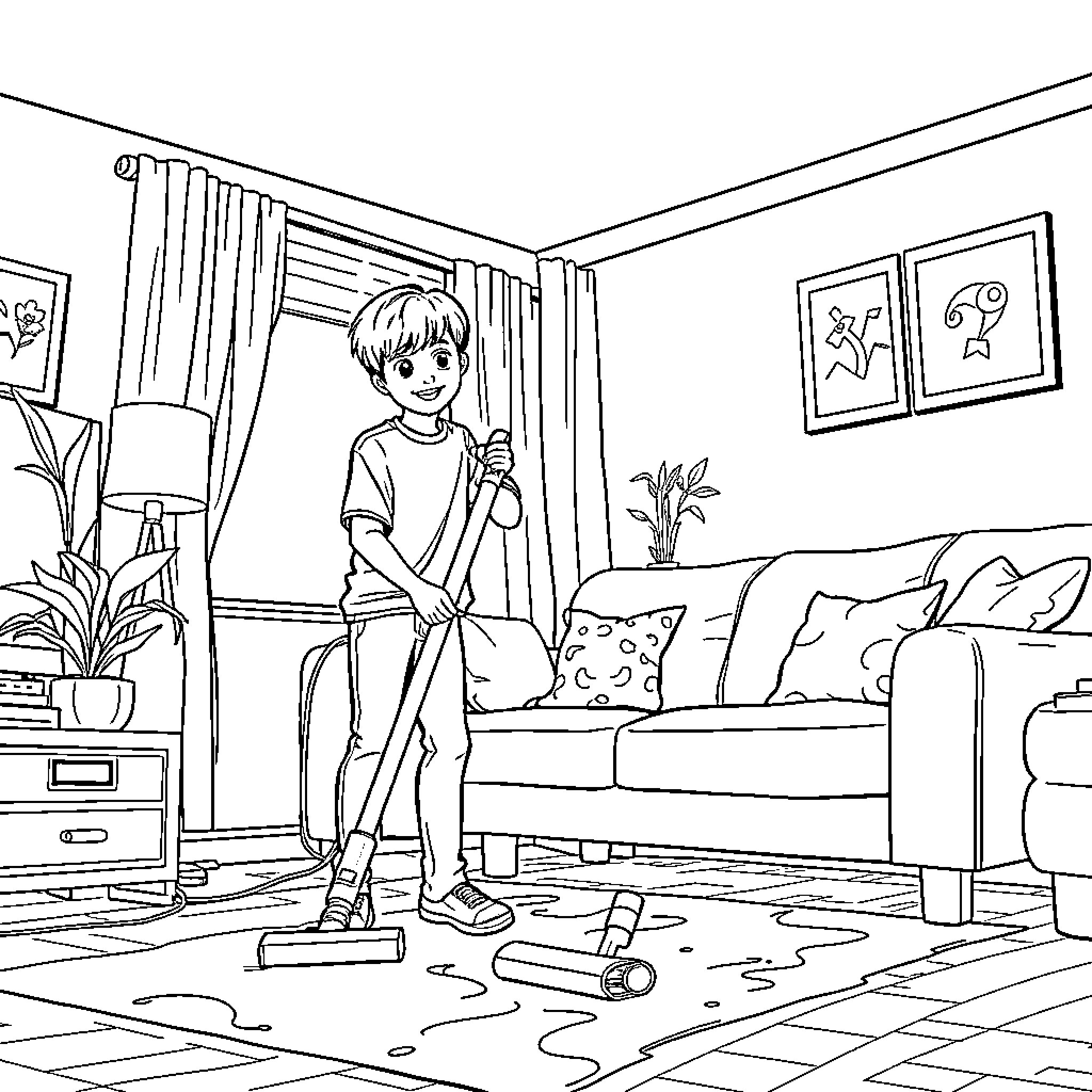 Vacuum Cleaning in a Cozy Home Coloring Page (free black-and-white line drawing printable PDF for all, from beginners to advanced learners, including children, teens, adults, and seniors)