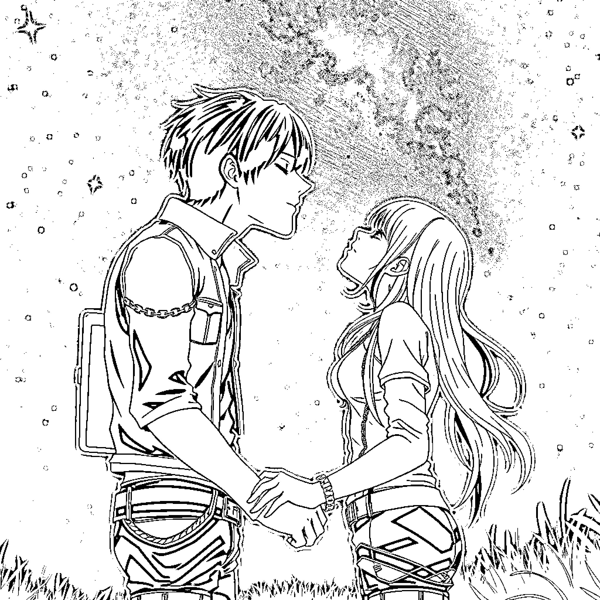 Levi and his beloved in the enchanting outdoors Coloring Page (free black-and-white line drawing printable PDF for all, from beginners to advanced learners, including children, teens, adults, and seniors)