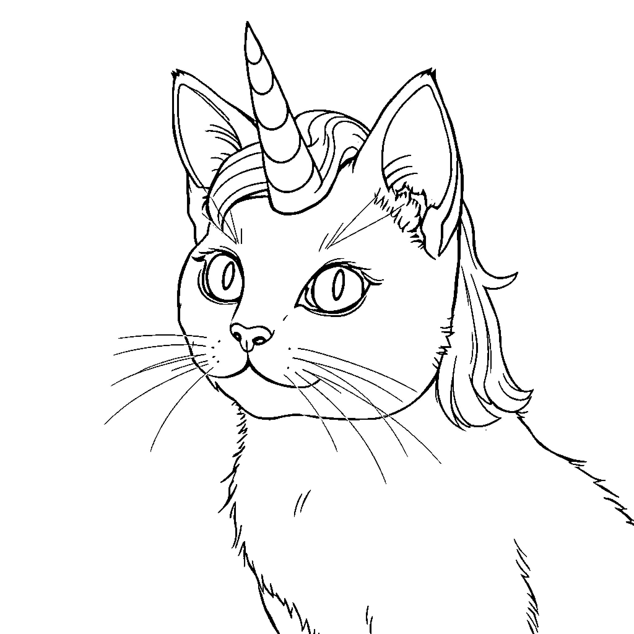 Unicorn Cat posing with a curious expression Coloring Page (free black-and-white line drawing printable PDF for all, from beginners to advanced learners, including children, teens, adults, and seniors)