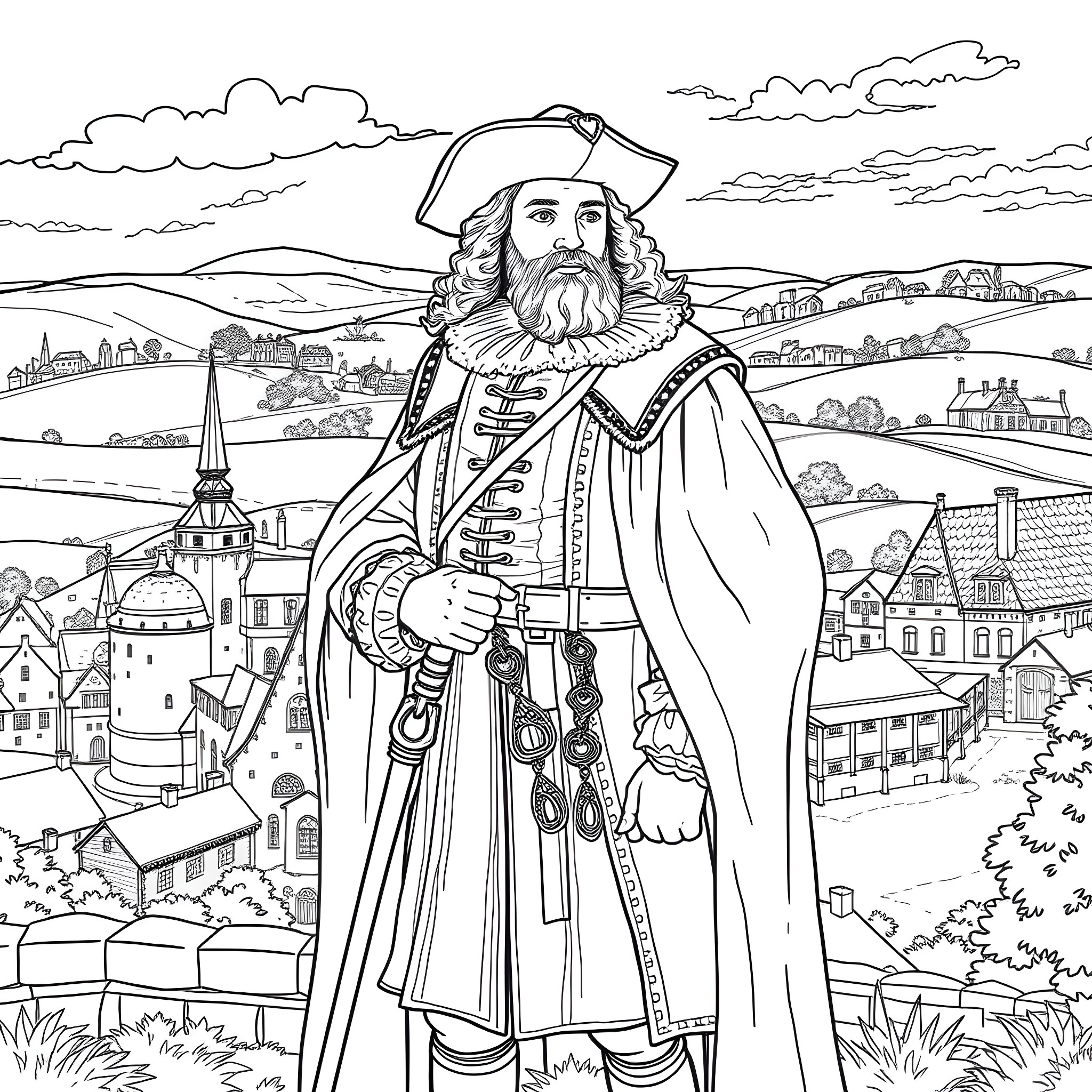 Willem de Zwijger standing tall in royal attire against a scenic landscape Coloring Page (free black-and-white line drawing printable PDF for all, from beginners to advanced learners, including children, teens, adults, and seniors)