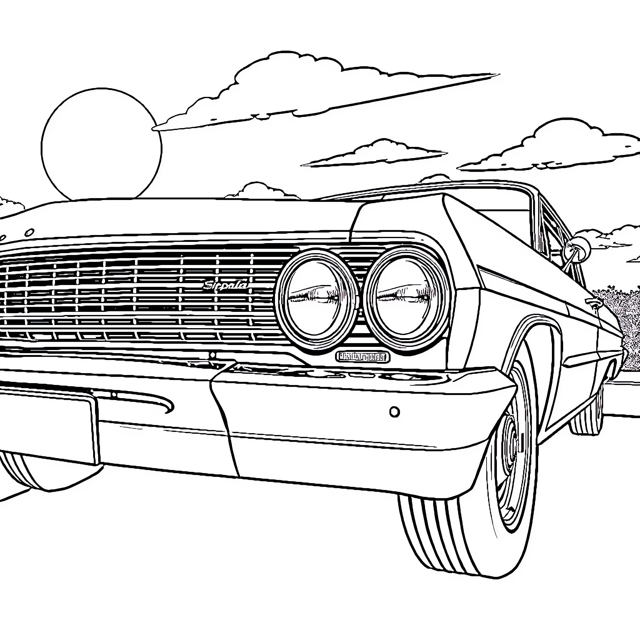 Impala's classic car cruising through the sunset Coloring Page (free black-and-white line drawing printable PDF for all, from beginners to advanced learners, including children, teens, adults, and seniors)