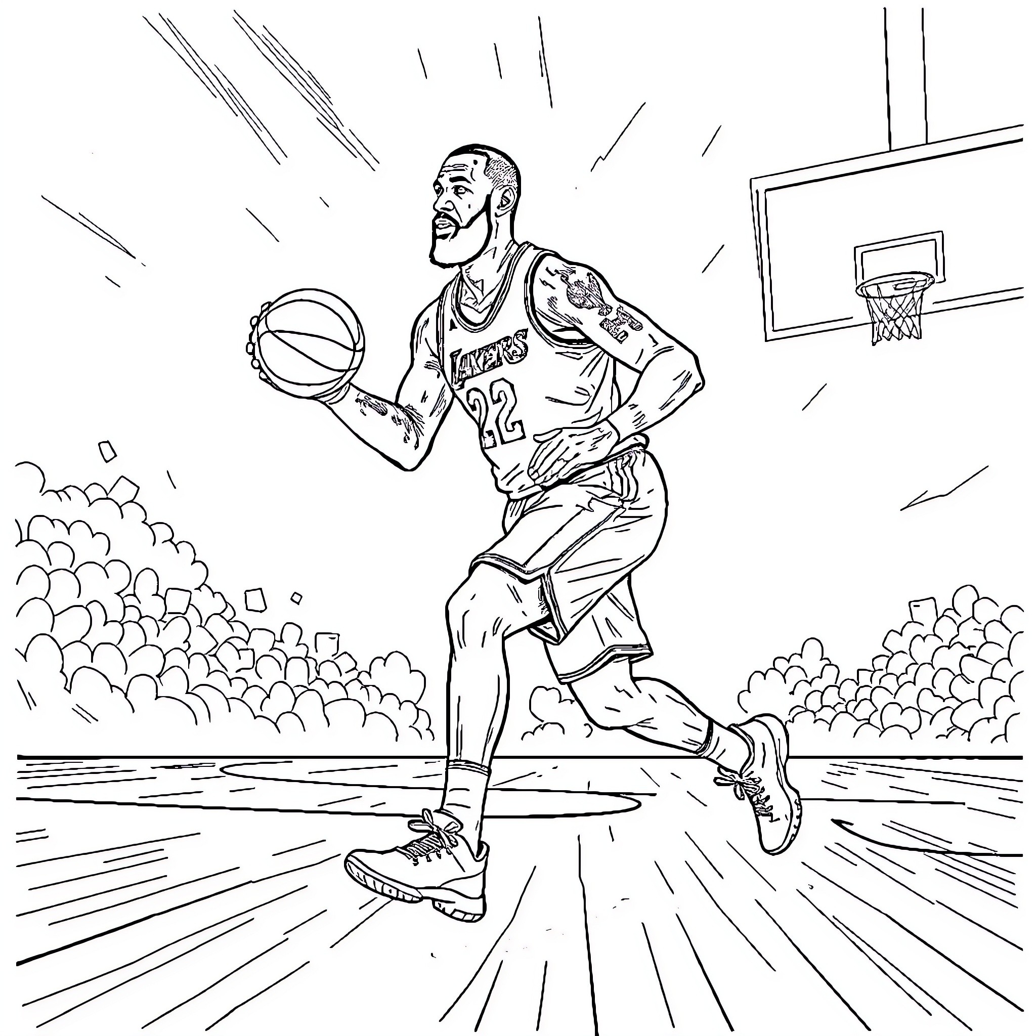 LeBron James Executing a Powerful Basketball Move Coloring Page (free black-and-white line drawing printable PDF for all, from beginners to advanced learners, including children, teens, adults, and seniors)