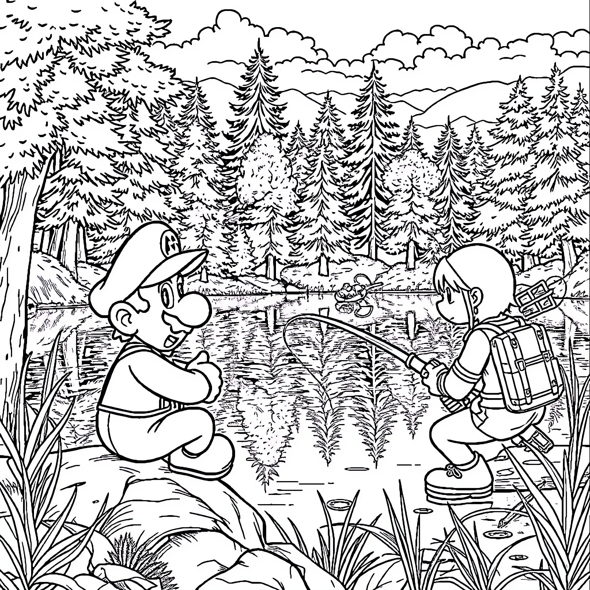 Super Mario Brothers on a Camping Adventure Coloring Page (free black-and-white line drawing printable PDF for all, from beginners to advanced learners, including children, teens, adults, and seniors)