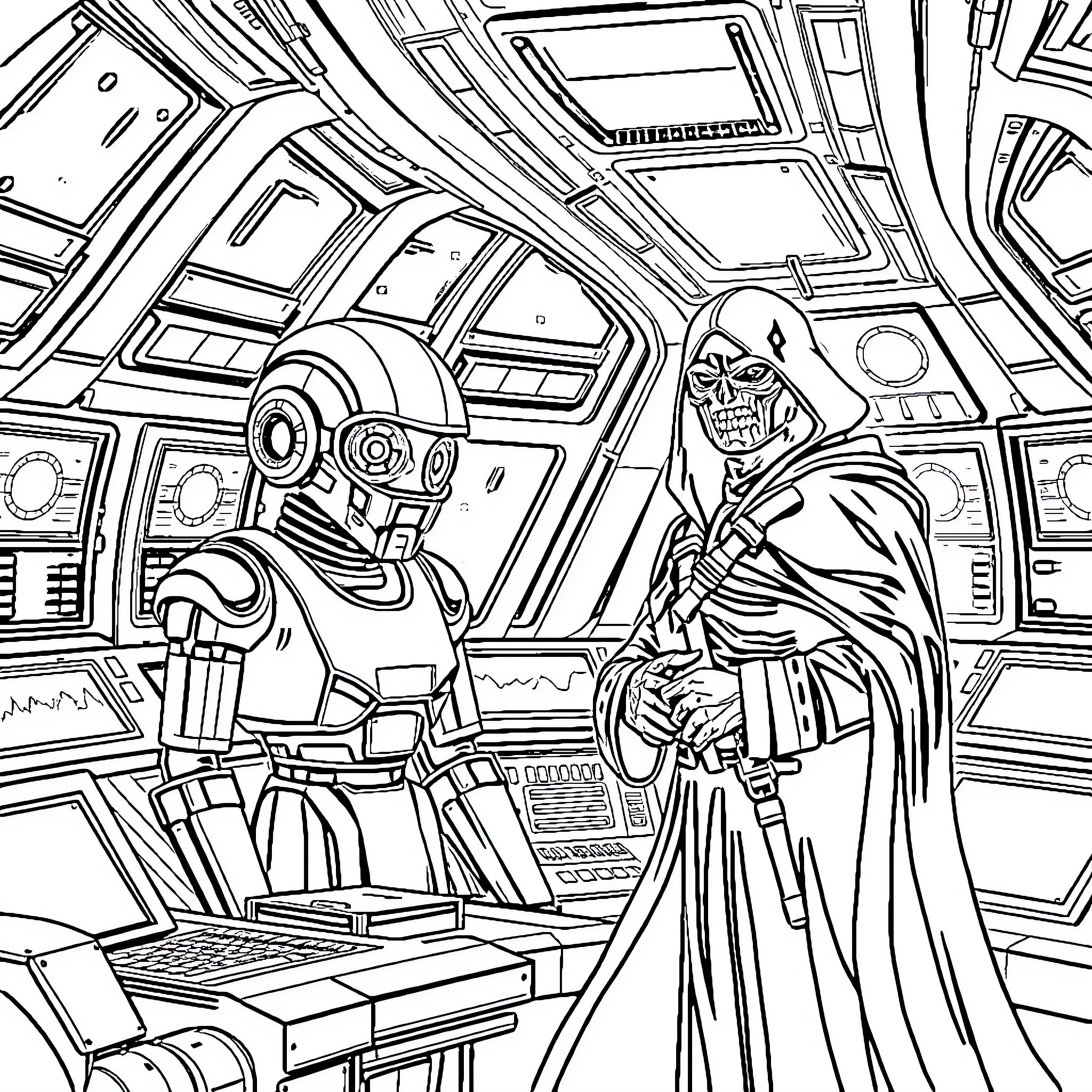 HAL 9000 - Robotic Assistant and Mysterious Overseer Coloring Page (free black-and-white line drawing printable PDF for all, from beginners to advanced learners, including children, teens, adults, and seniors)