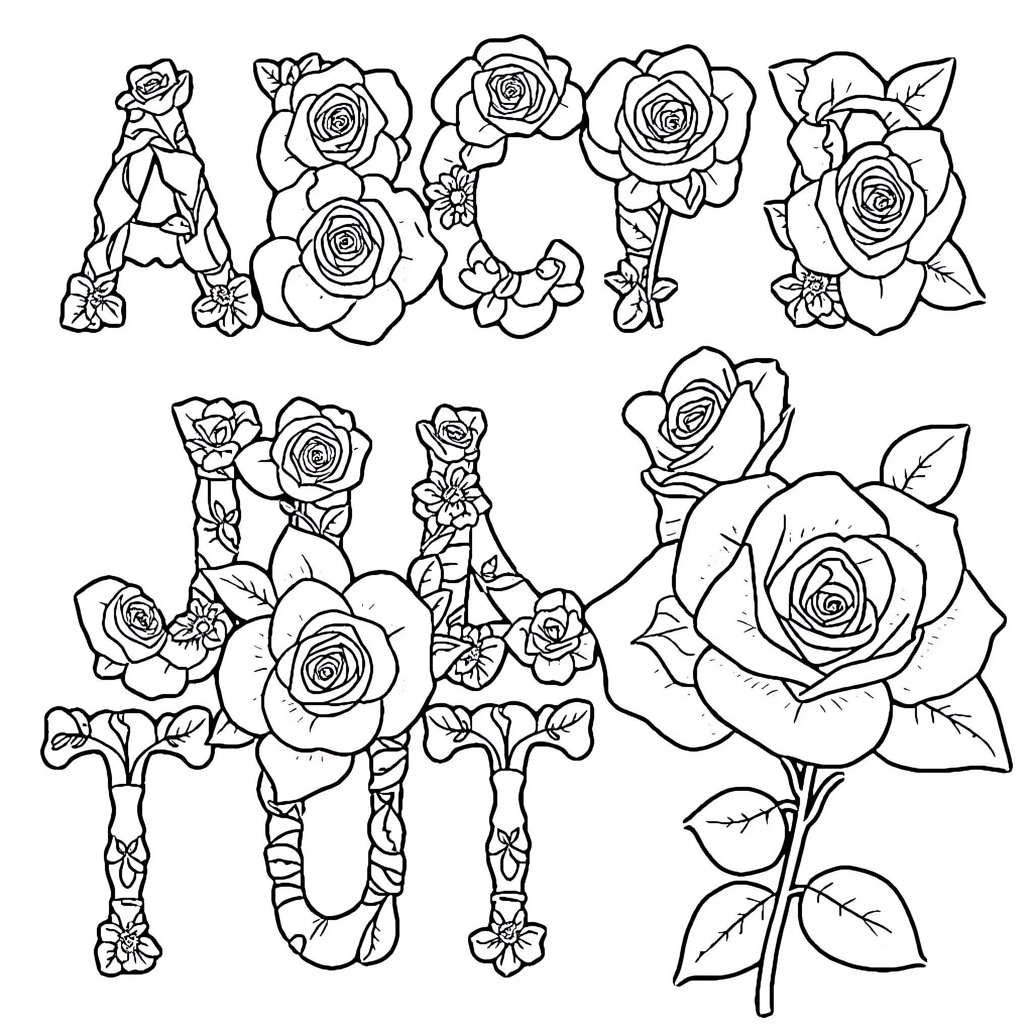 Alphabet Made of Detailed Floral Illustrations Coloring Page (free black-and-white line drawing printable PDF for all, from beginners to advanced learners, including children, teens, adults, and seniors)