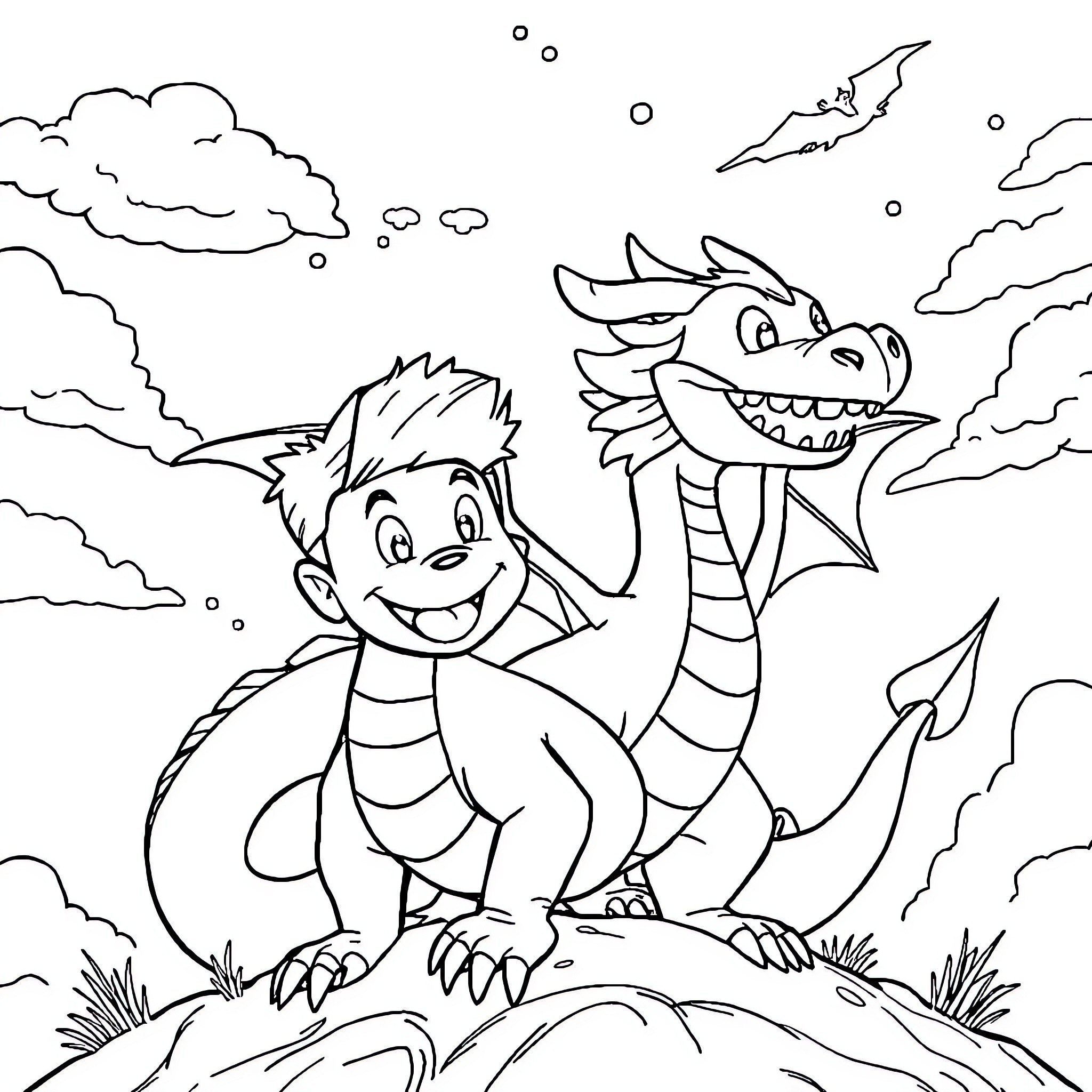 Sacha and the Playful Dragon in the Clouds Coloring Page (free black-and-white line drawing printable PDF for all, from beginners to advanced learners, including children, teens, adults, and seniors)