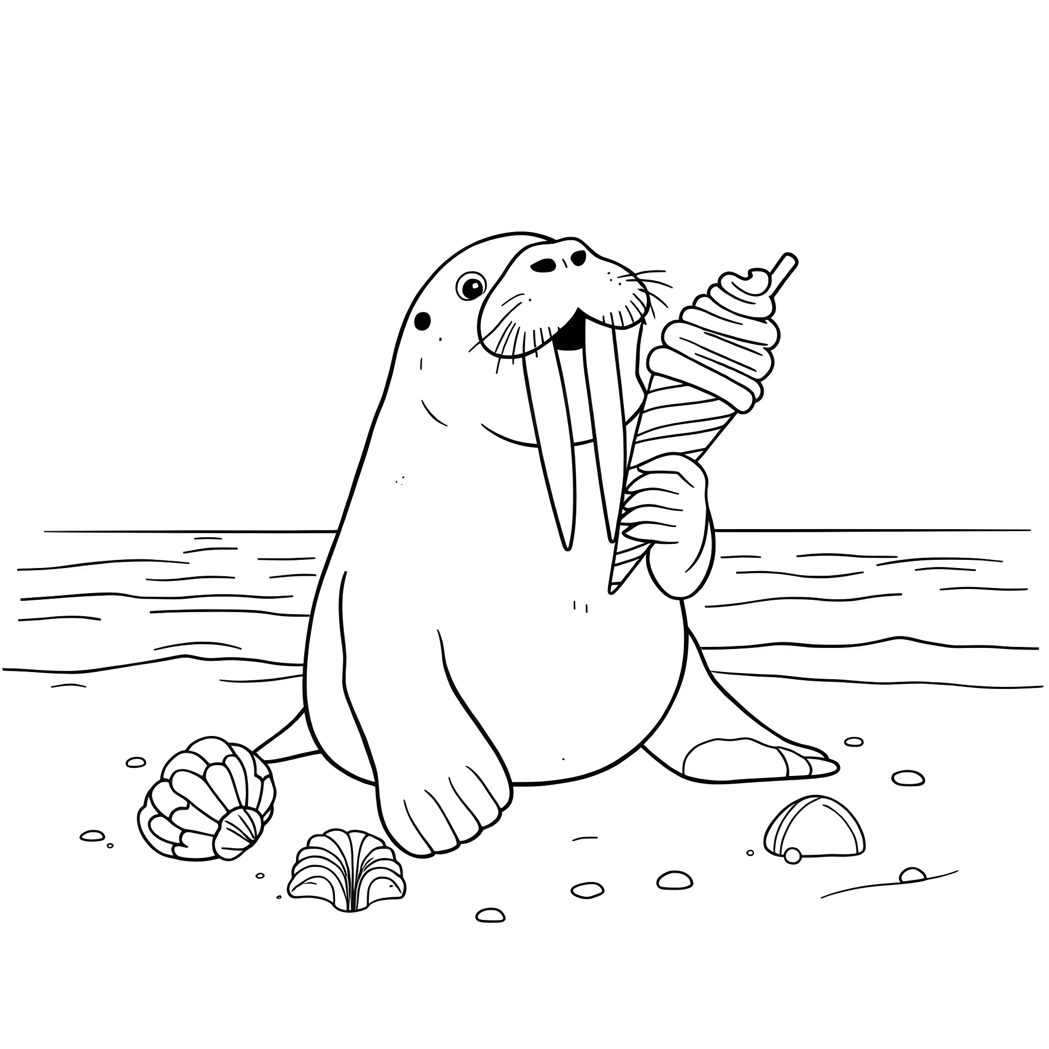 Walrus enjoying a fish on the beach Coloring Page (free black-and-white line drawing printable PDF for all, from beginners to advanced learners, including children, teens, adults, and seniors)