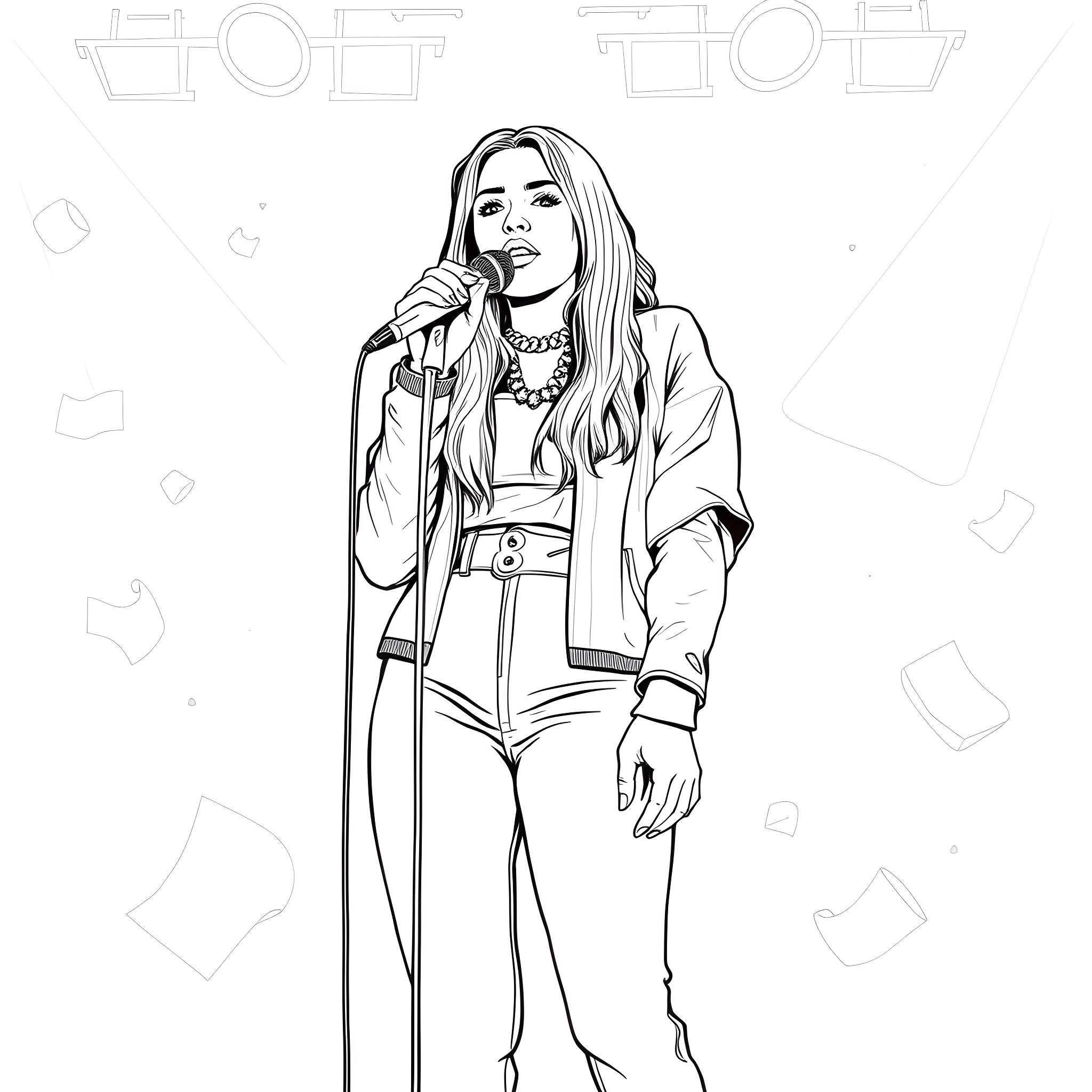Billie Eilish performing on stage in stylish outfit Coloring Page (free black-and-white line drawing printable PDF for all, from beginners to advanced learners, including children, teens, adults, and seniors)