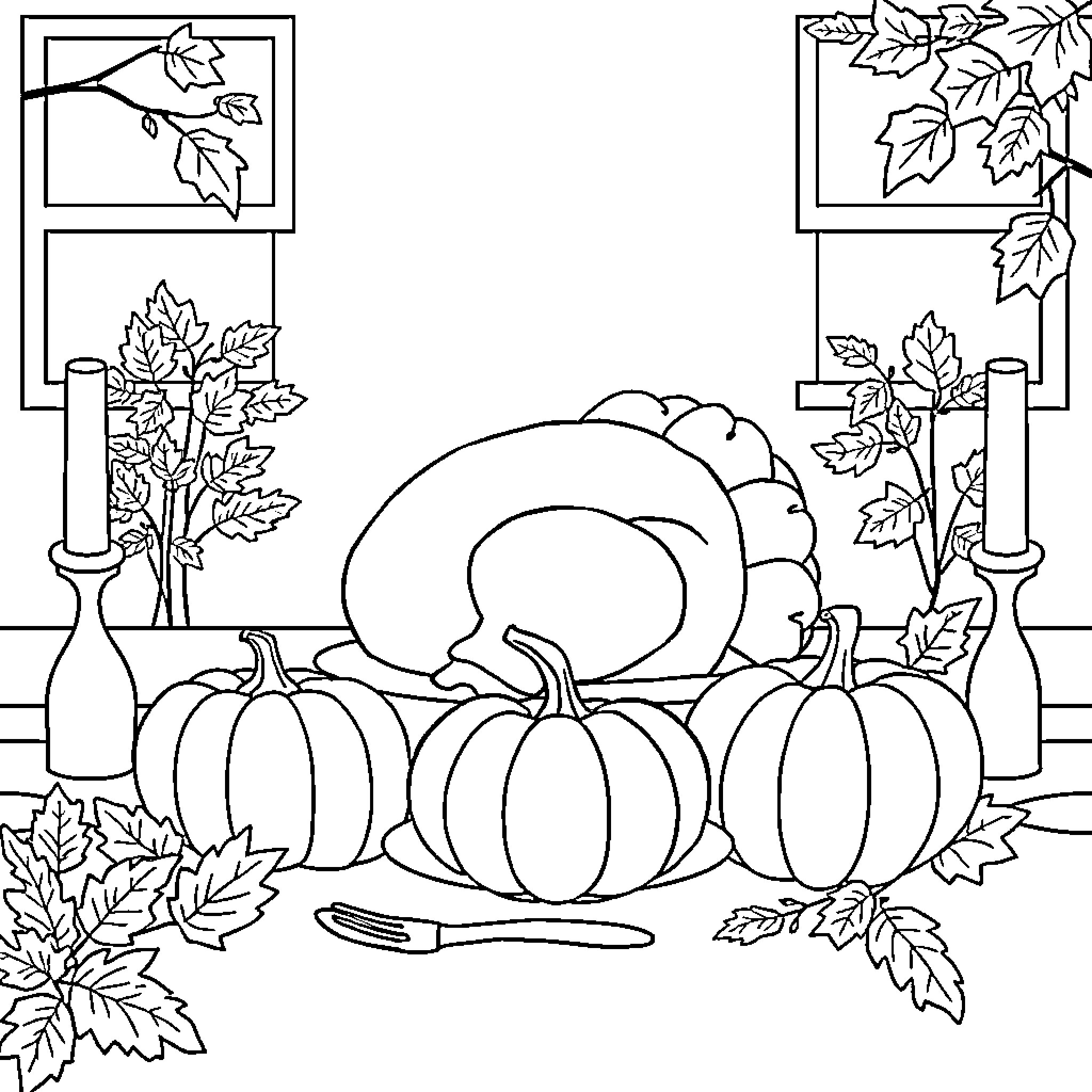 Thanksgiving Dinner Scene with Pumpkins and Autumn Leaves Coloring Page (free black-and-white line drawing printable PDF for all, from beginners to advanced learners, including children, teens, adults, and seniors)