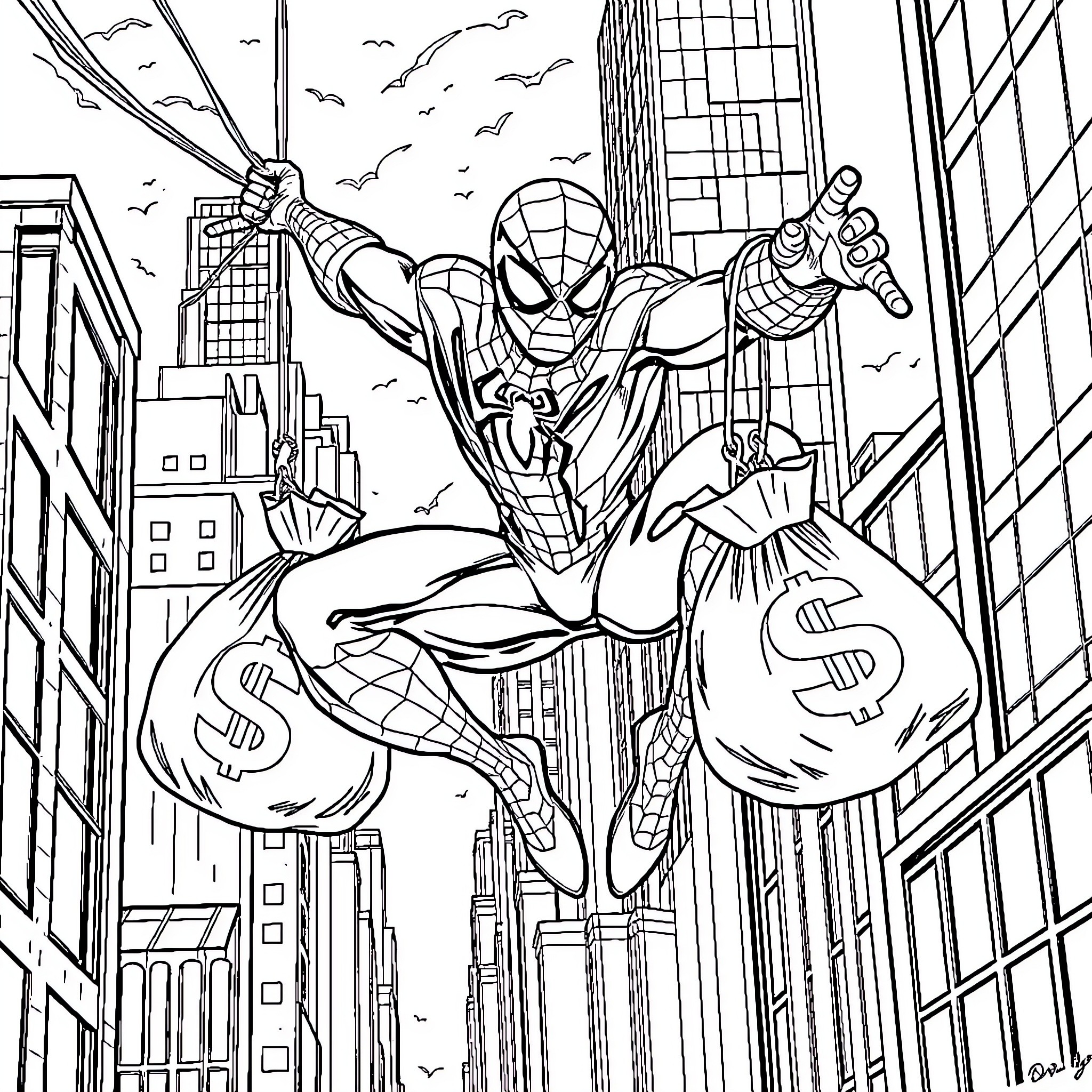 Spider-Man swinging through the city with money bags Coloring Page (free black-and-white line drawing printable PDF for all, from beginners to advanced learners, including children, teens, adults, and seniors)