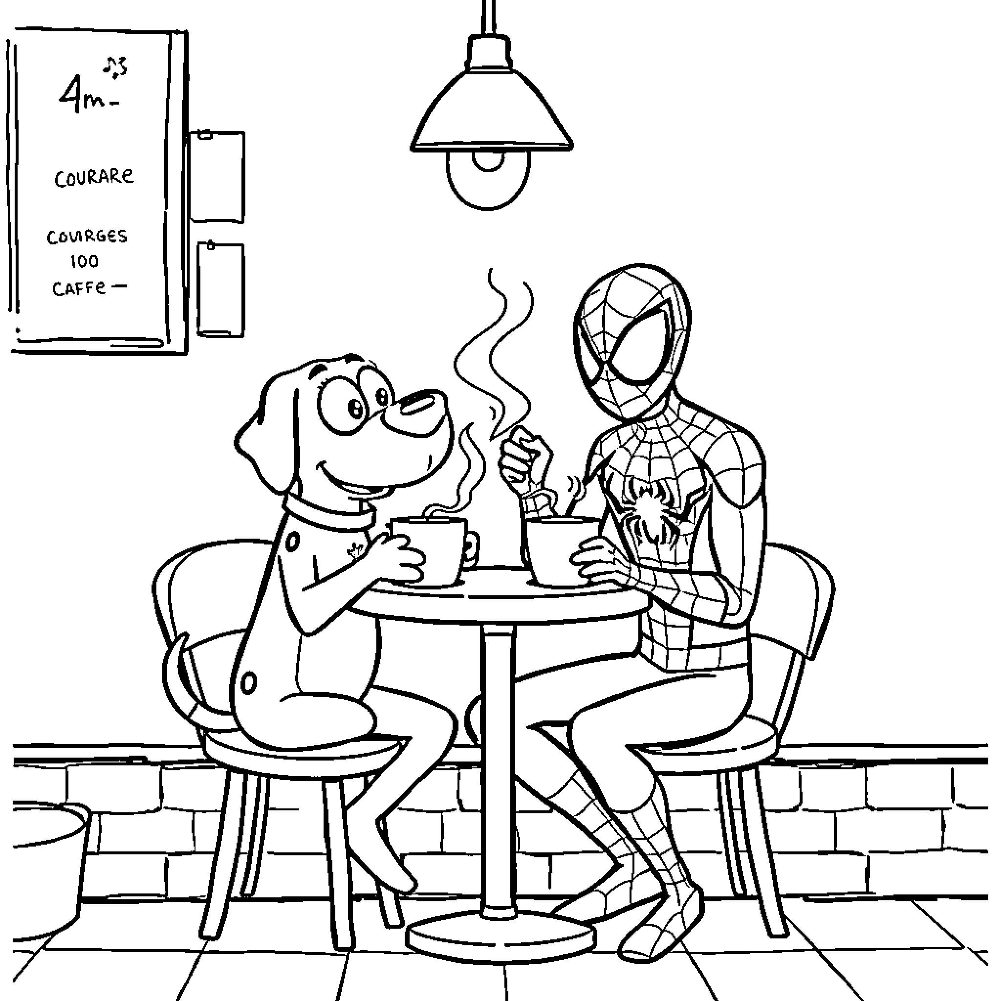 Courage of Friendship: Superheroes Sharing a Warm Moment Coloring Page (free black-and-white line drawing printable PDF for all, from beginners to advanced learners, including children, teens, adults, and seniors)