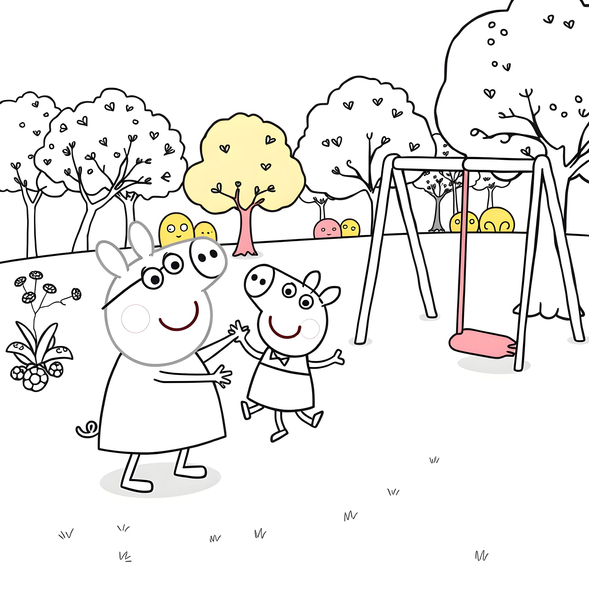 Peppa Pig and friends playing in the playground Coloring Page (free black-and-white line drawing printable PDF for all, from beginners to advanced learners, including children, teens, adults, and seniors)